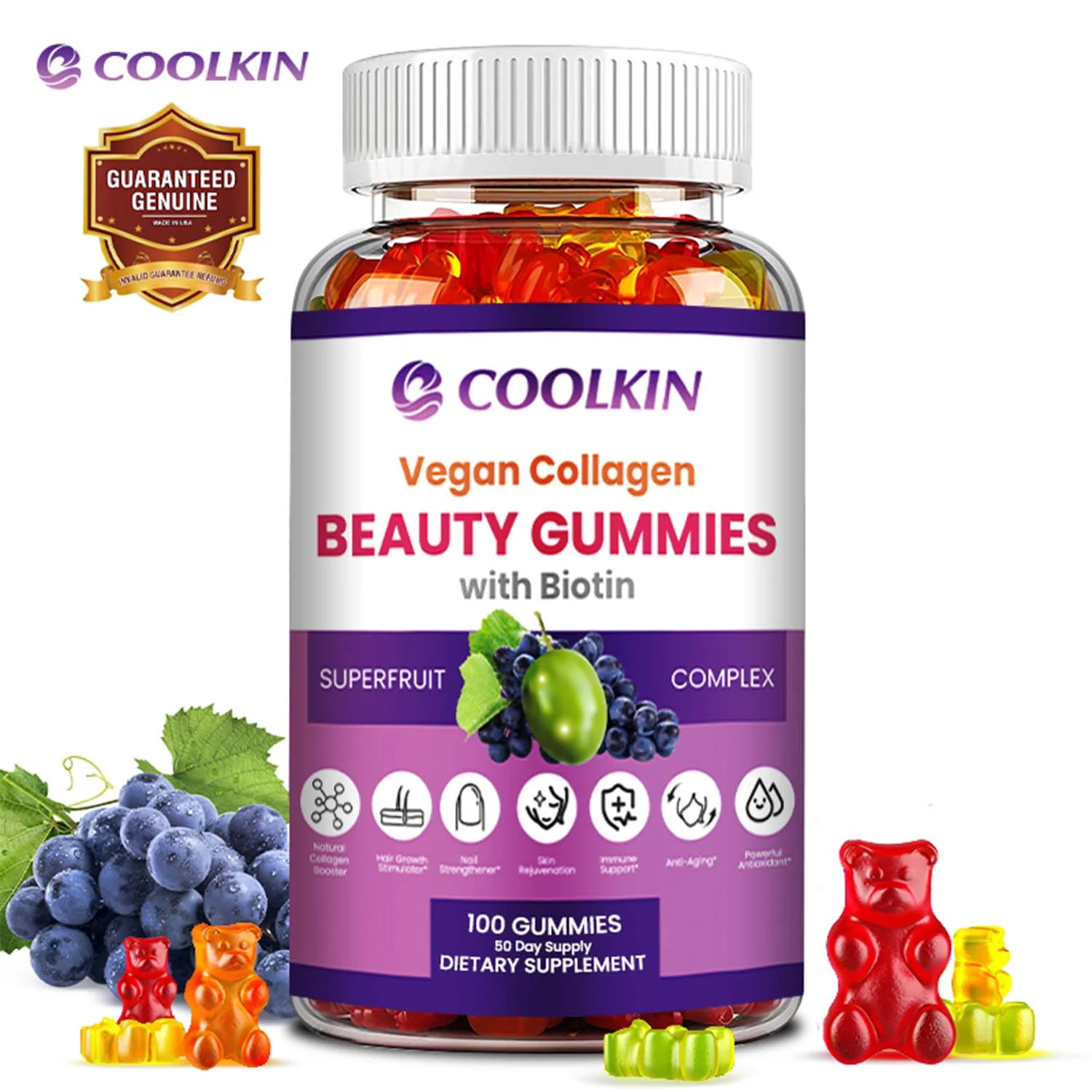 Coolkin Vegan Collagen BEAUTY GUMMIES - with Biotin - Supports Hair, Skin, Nail Health(30/60/100pcs)
