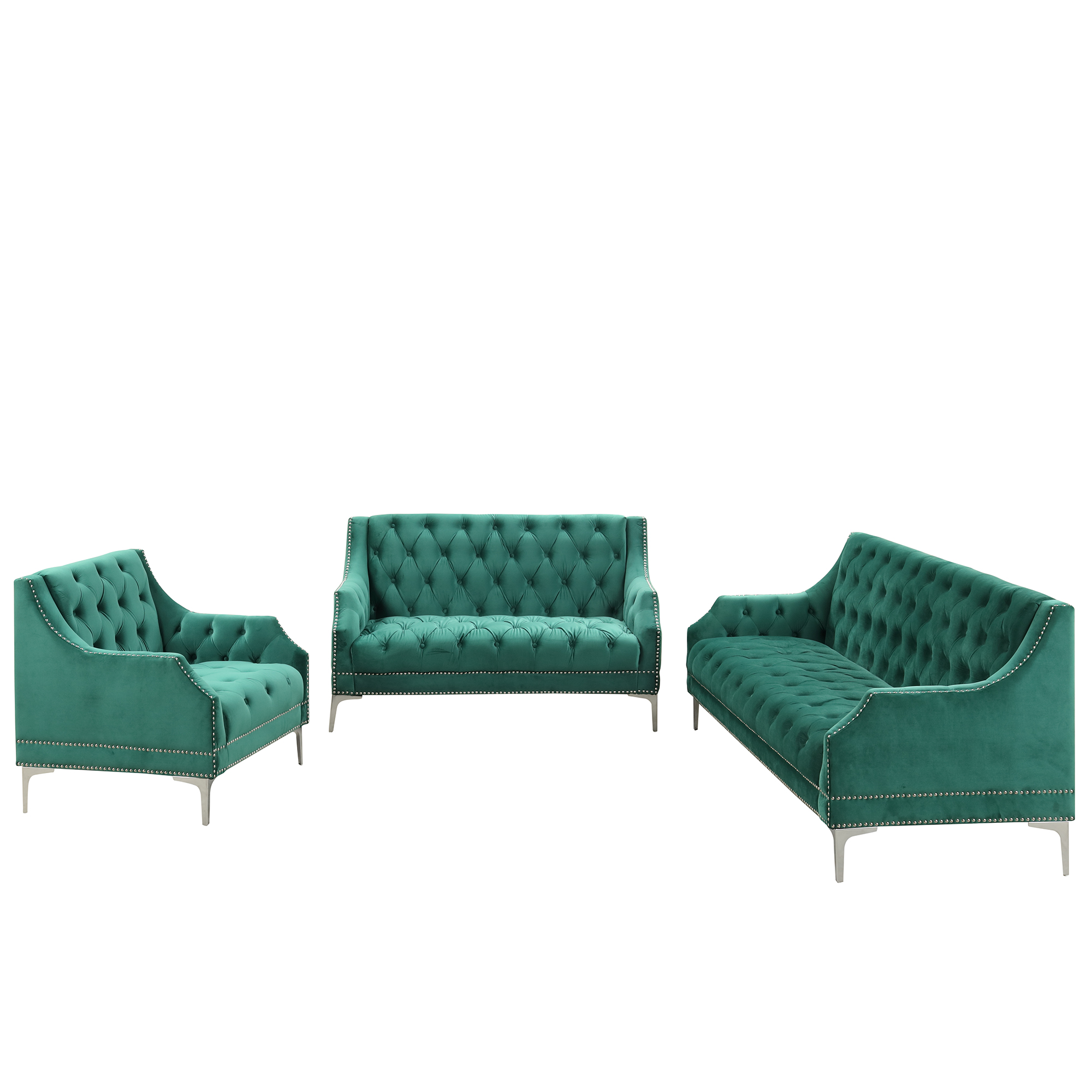 Modern three-piece sofa set with metal legs, buttoned tufted backrest, frosted velvet upholstered sofa set including three-seater sofa, double seater and living room furniture set Single chair