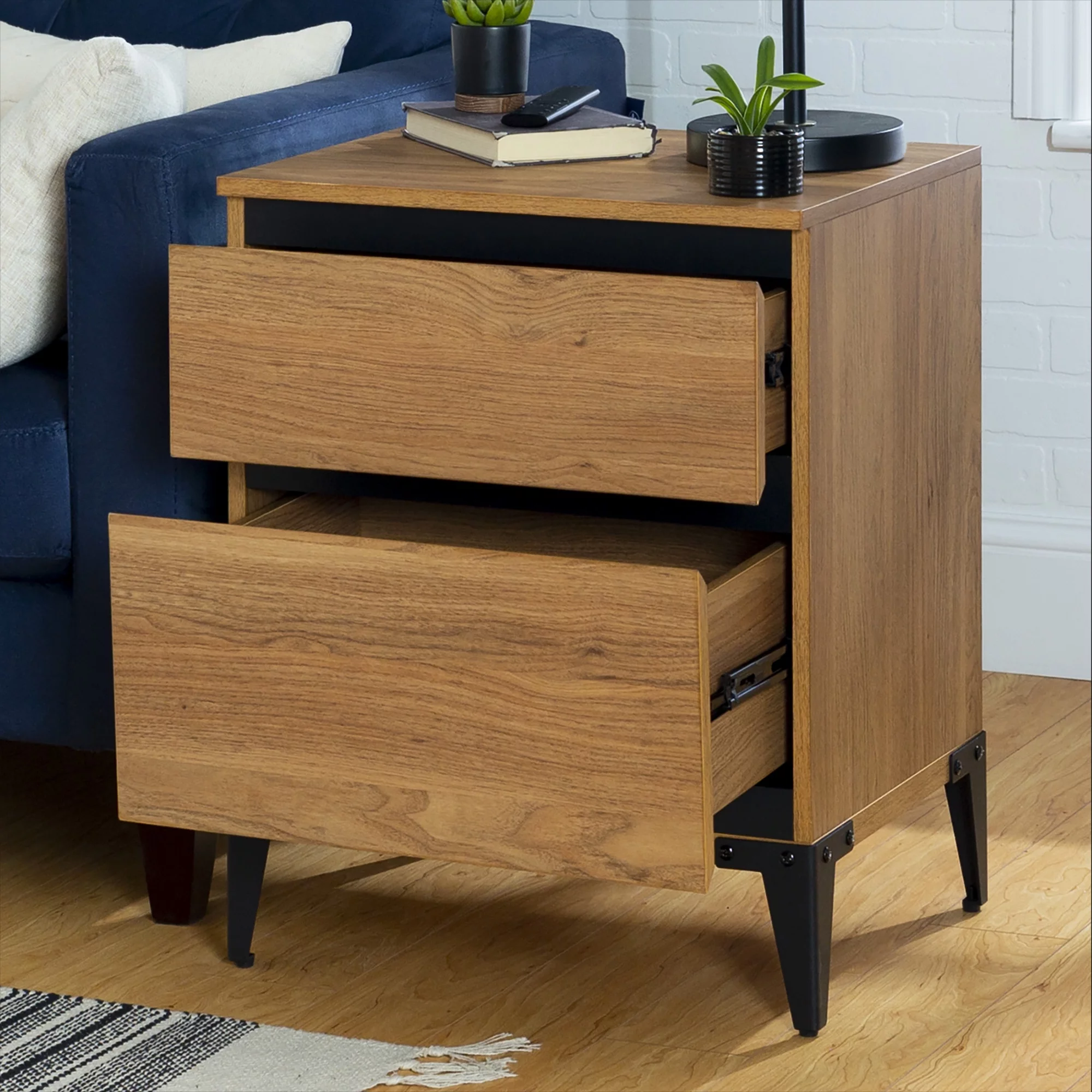 Walker Edison Industrial 2-Drawer Nightstand, Set of 2, English Oak
