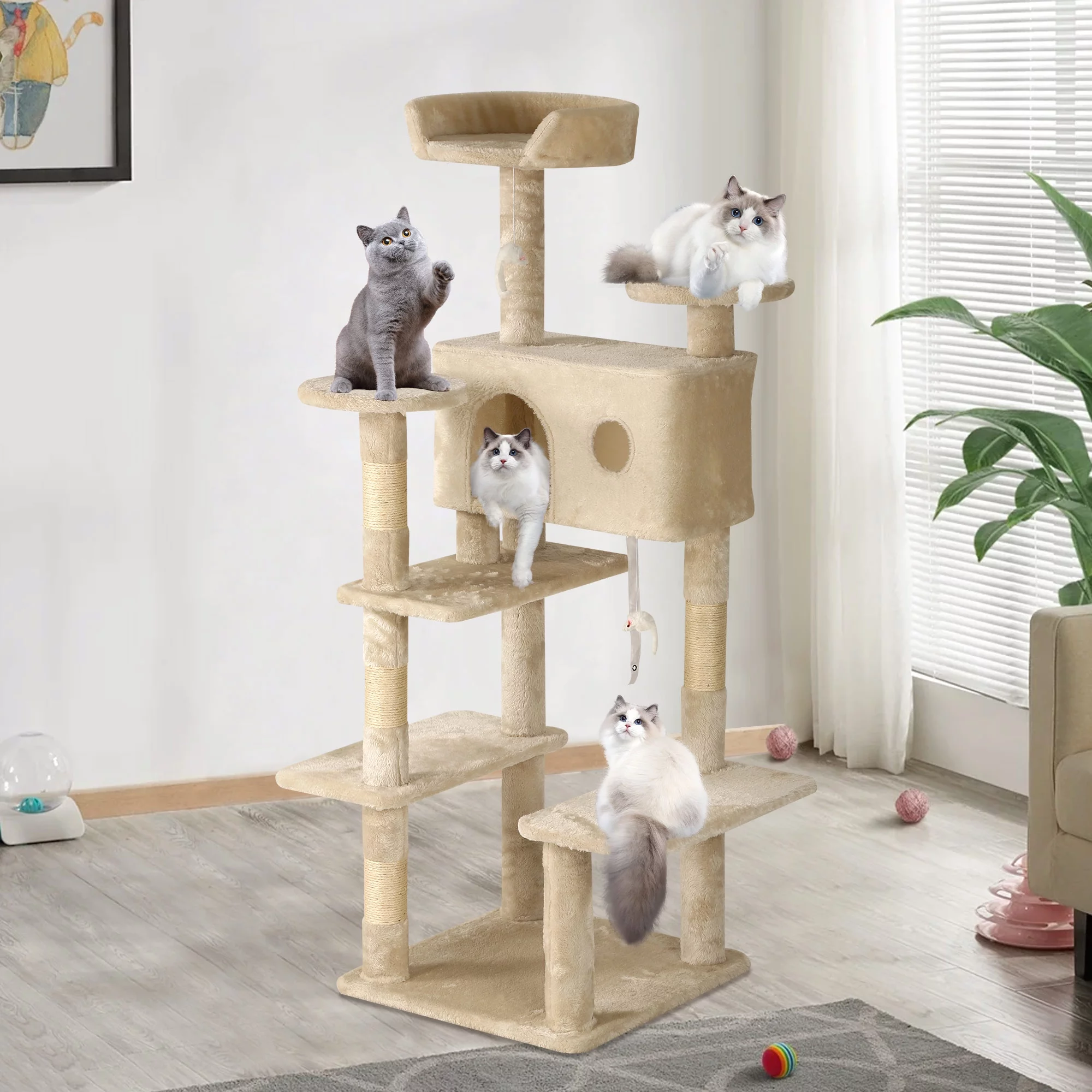 YRLLENSDAN 54in Cat Tree Tower with Cat Scratching Post,Multi-Level Cat Condo Cat Tree for Indoor Cats Stand House Furniture Kittens Activity Tower with Funny Toys for Kitty Pet Play House,Beige
