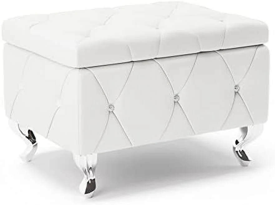 JDZHAPPYLIFE Ottoman Bench  23'' Upholstered White Faux Leather Ottoman with Crystal Tufted Button  Flip Top Foot   End of Bed Bench  Bench Seat for Bedroom  Living Room  Vanity
