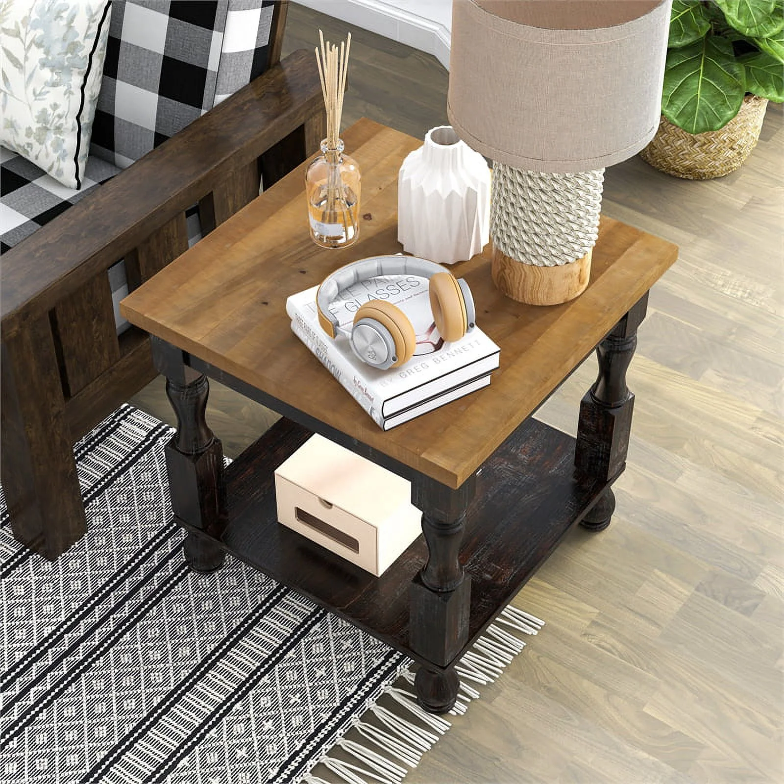 Bowery Hill Rustic Solid Wood 1-Shelf End Table in Black and Oak