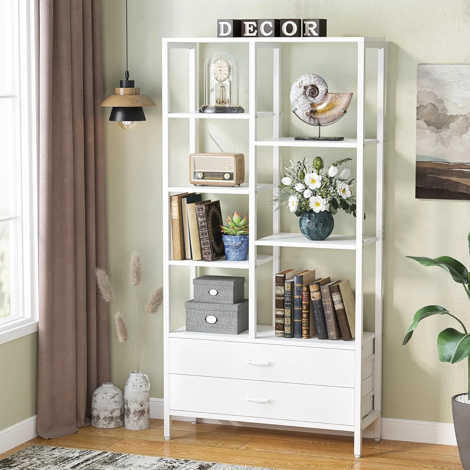 Tribesigns Bookshelf, Tall Bookcase with Drawers, Modern Open Bookshelves with Storage Space, Freestanding Etagere Bookcase for Home Office, White