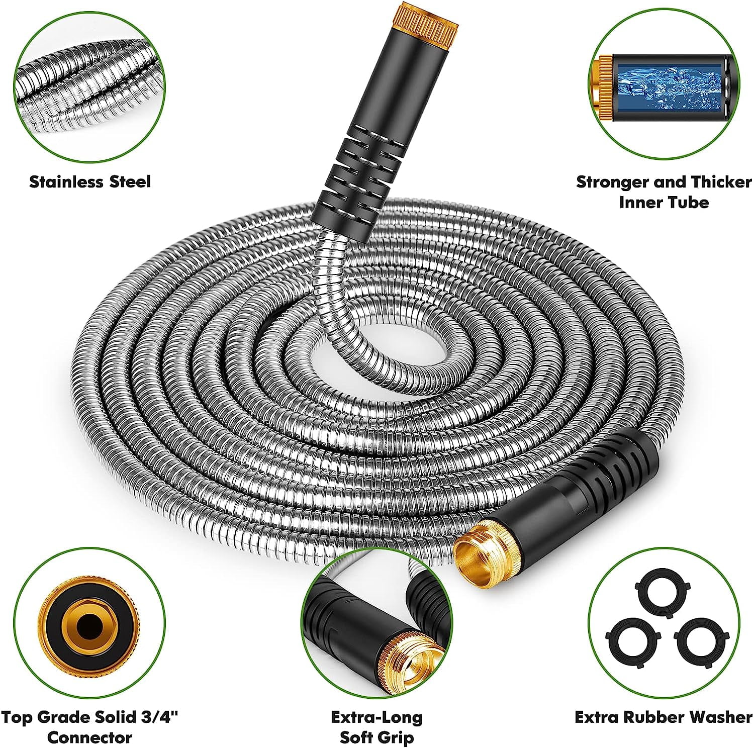 Metal Garden Hose 50ft, Stainless Steel Heavy Duty Water Hose with 10 Function Nozzle Flexible, Lightweight, Kink Free, Pet Proof, Puncture Proof Hose for Yard, Outdoor