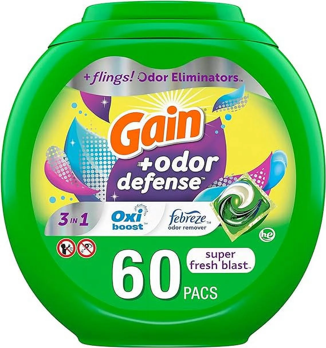 Gain Flings Laundry Detergent Pacs with Odor Defense 60 Ct Super Fresh HE 3in1 Detergent Pacs with Febreze and Oxi