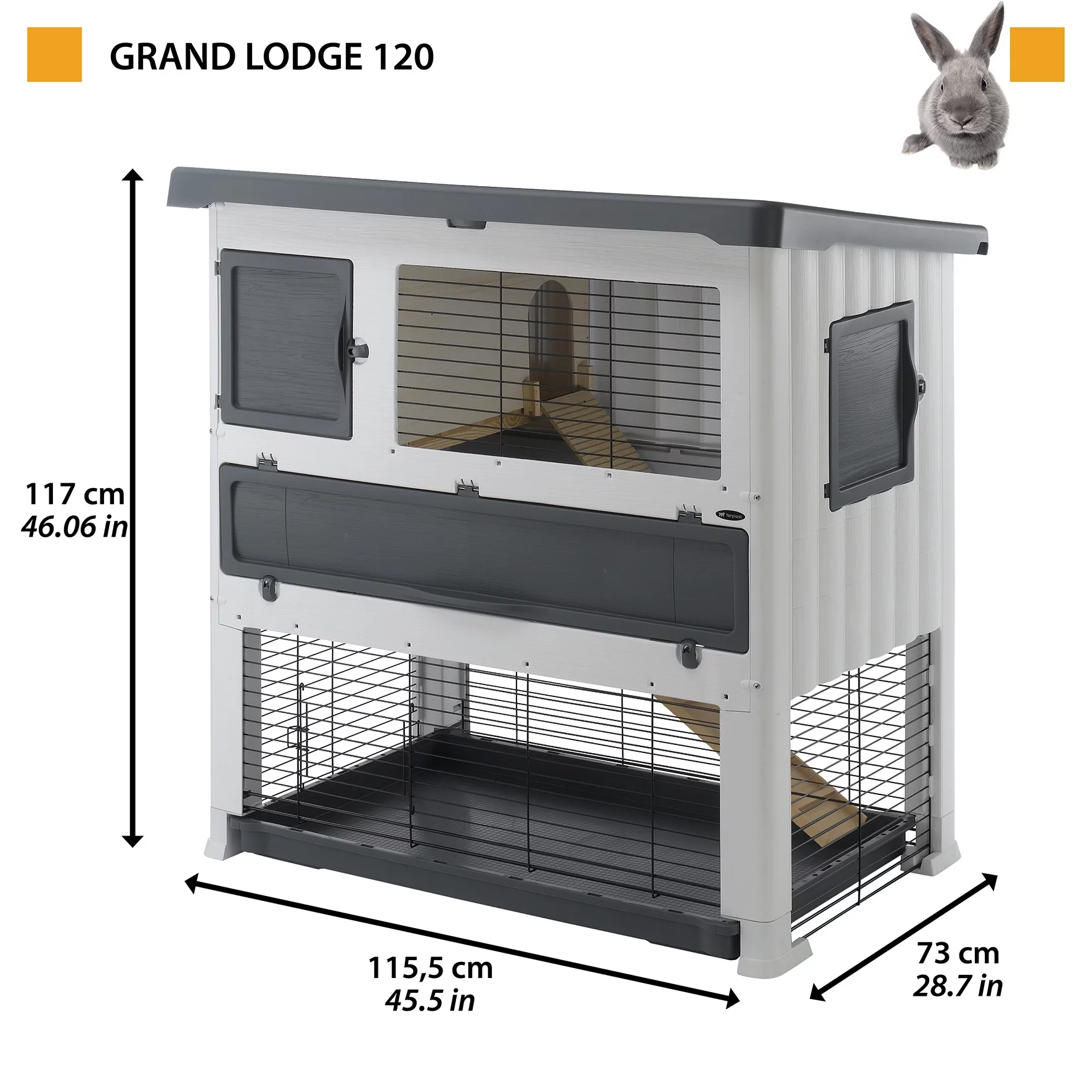 Ferplast Grand Lodge 120 Plus Rabbit Hutch | Large Oudoor Plastic Rabbit Hutch | 45.47L x 24.80W x 46.06H Inches, Gray