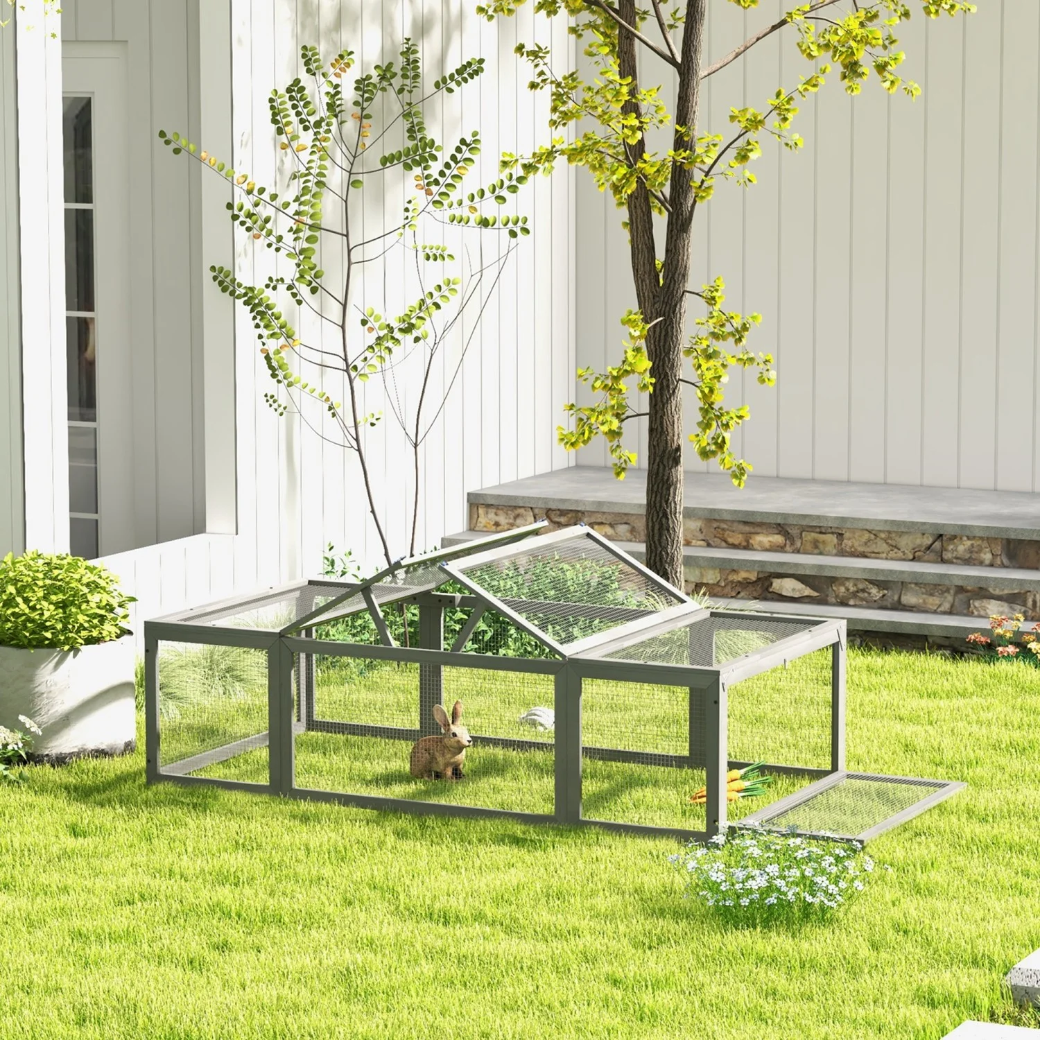 ZJbiubiuHome PawHut Large Wooden Rabbit Hutch Bunny Hutch Small Animal  Enclosure Outdoor Run and Lockable Doors  Gray