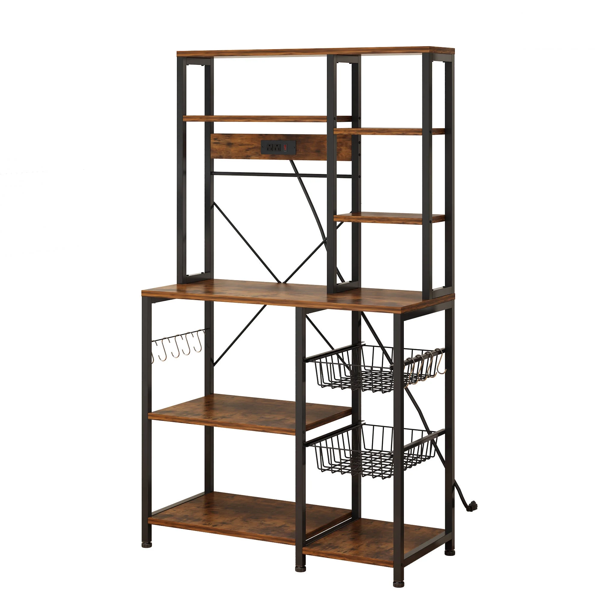 5-Tier Kitchen Bakers Rack with 10 S-Shaped Hooks, Industrial MicroWaves Oven Stand, Frees Standing Kitchen Utility Cart Storage Shelf Organizers (Rustic Gray)