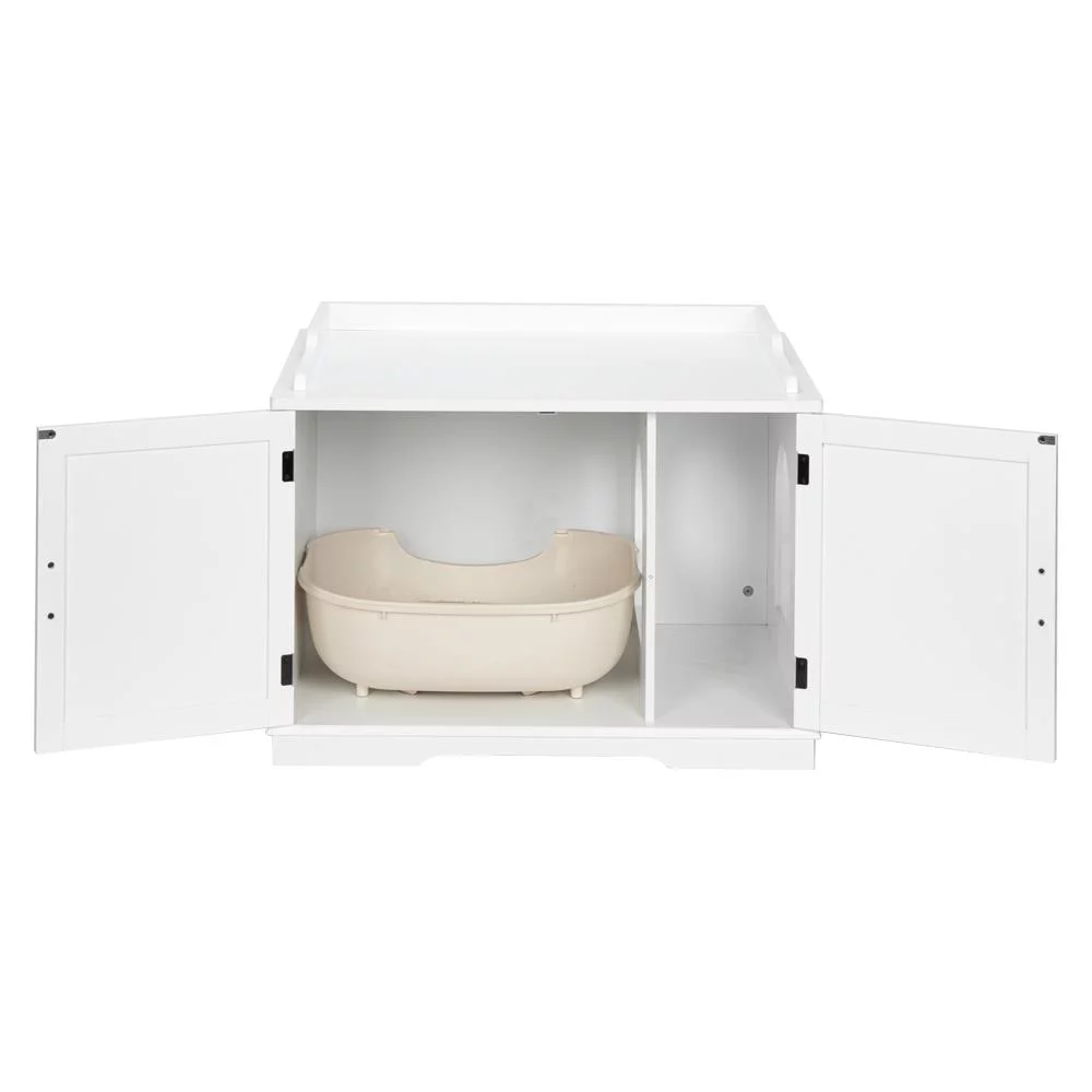 UBesGoo Wood Cat Litter Box Enclosure, Hidden Washroom Indoor Cat Crate with Double Doors, Decorative Pet Side Table, White