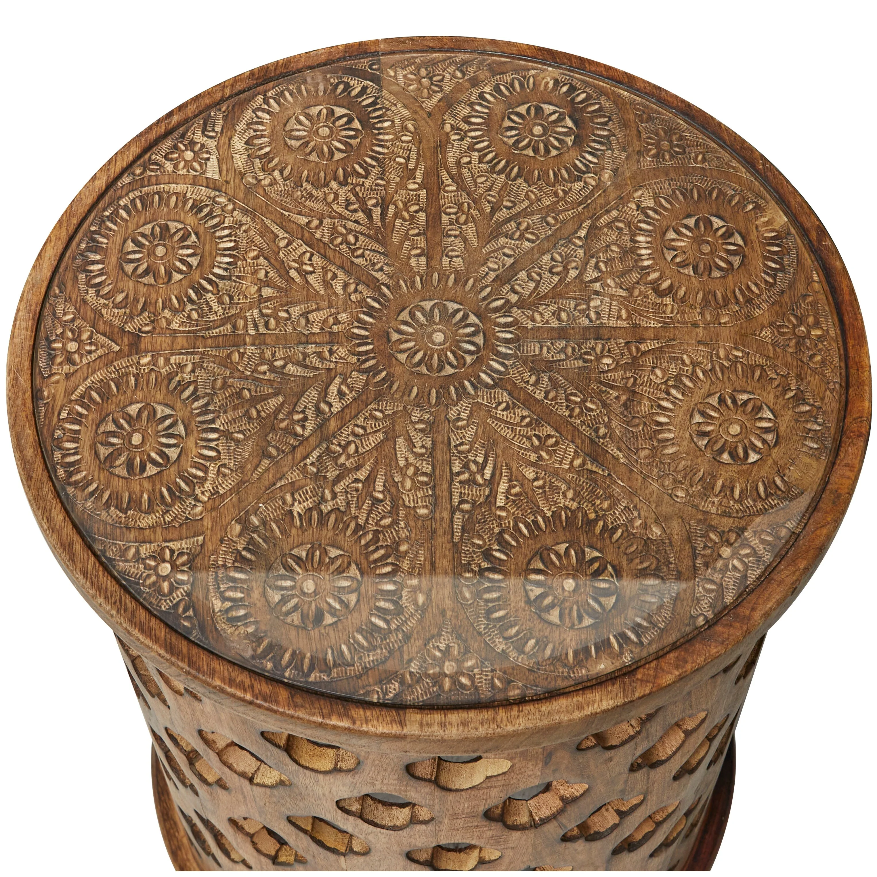 Studio 350 Brown Mango Wood Quatrefoil Design Accent Table with Clear Glass Top 18 x 18 x 22