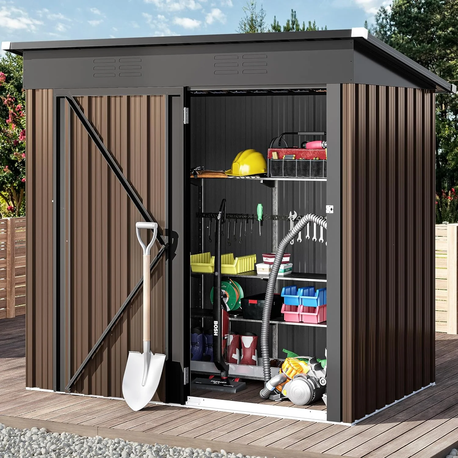 Outdoor Storage Shed 5X3ft, Heavy Duty Metal Tool Sheds Storage House With Single Lockable Door & For Garden, Patio, Lawn To Store Bikes, Trash Bins, Tools, Lawnmowers,Brown