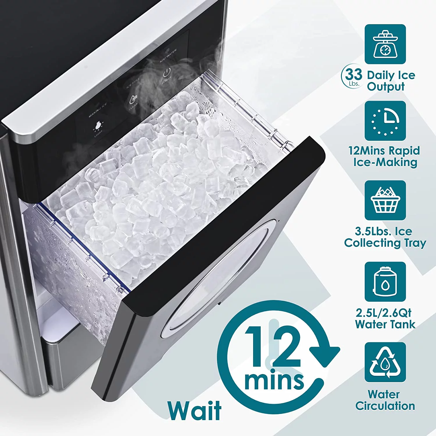 Euhomy 33lbs/24H Countertop Nugget Ice Maker, Soft Nugget Ice, 2 Ways Water Refill & Self-Cleaning Pebble Ice Maker