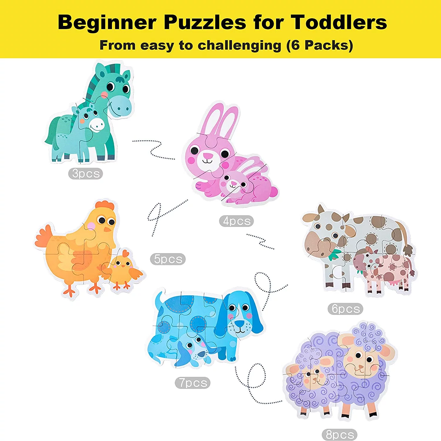 CJUAN Puzzles for Toddlers Ages 3-6 Years Old, Safari Animals Floor Jigsaw Puzzles for Beginner, Educational Gifts for Girls Boys Kids, 6 Pack