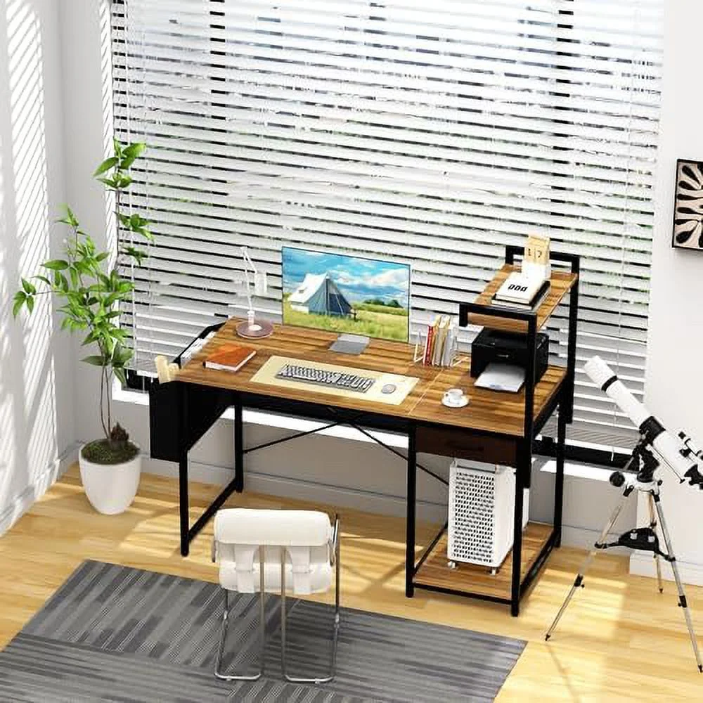 JYHOME Computer Desk with Drawer 47 Inch Home Office with  Simple Modern Work PC Student Writing Gaming Study Desk  with Side Bag & CPU Stand for Bedroom Home Room Black Walnut
