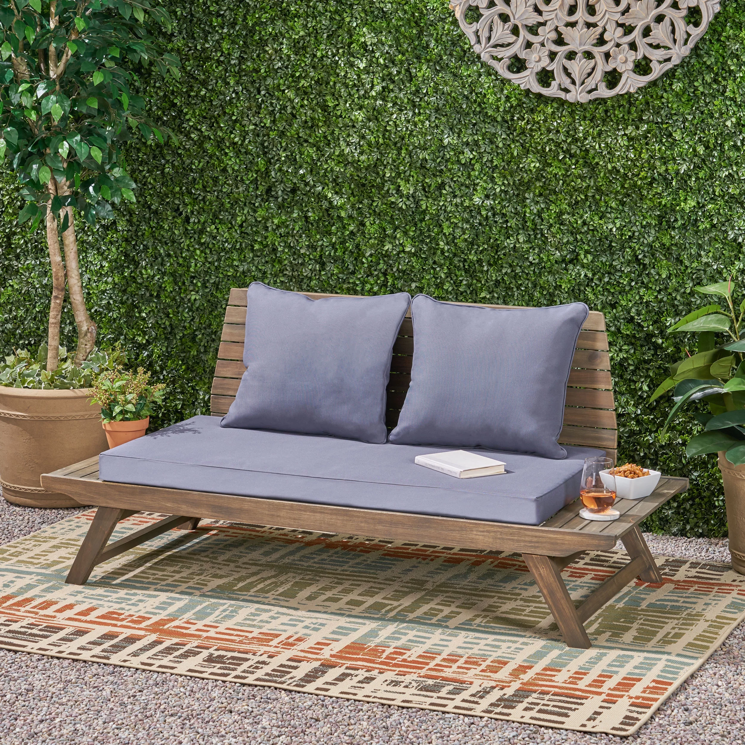 GDF Studio Bowie Outdoor Acacia Wood Loveseat with Cushions, Dark Gray and Gray
