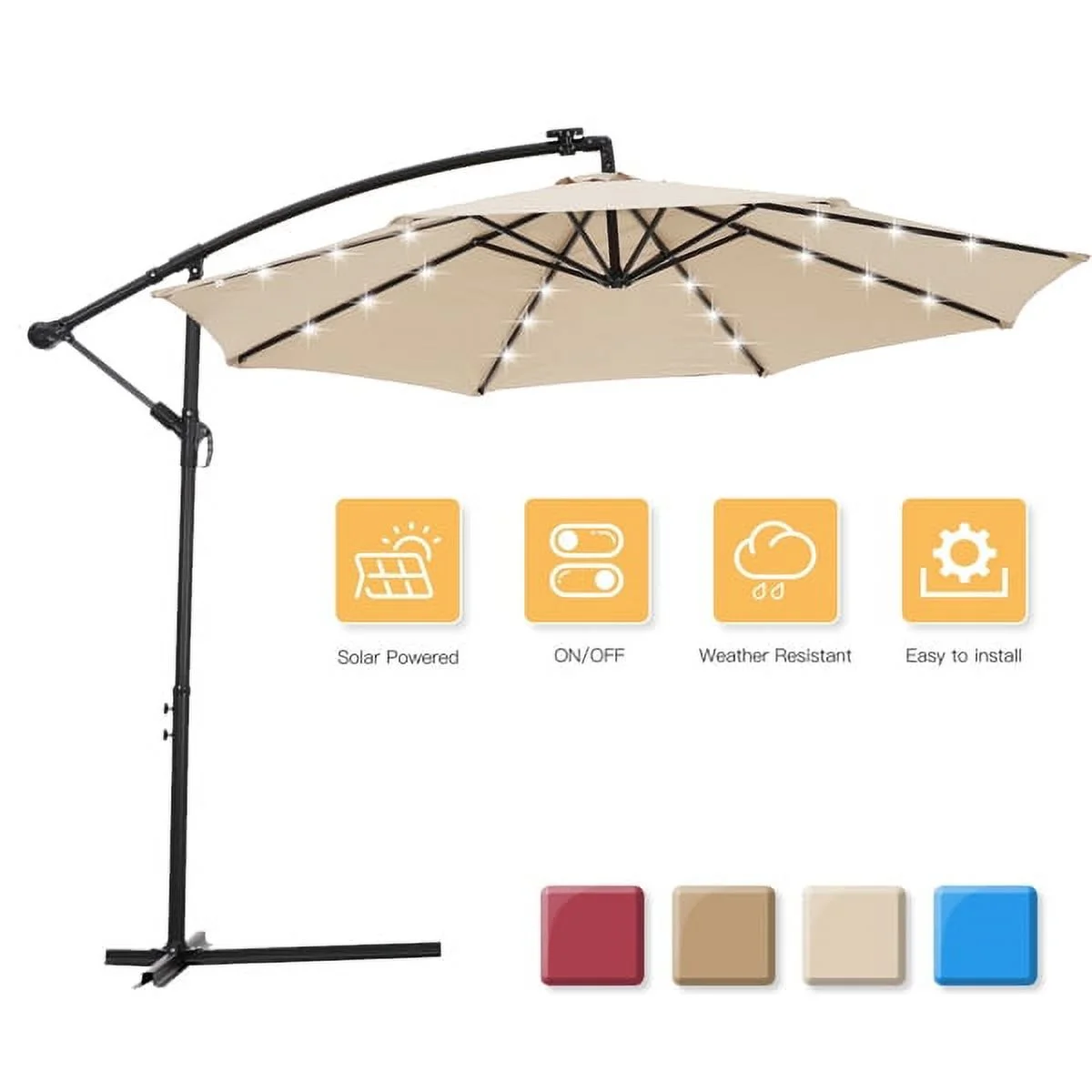 Fithood 10 FT Solar LED Patio Outdoor Umbrella Hanging Cantilever Umbrella Offset Umbrella Easy Open Adustment with 24 LED Lights - Burgundy