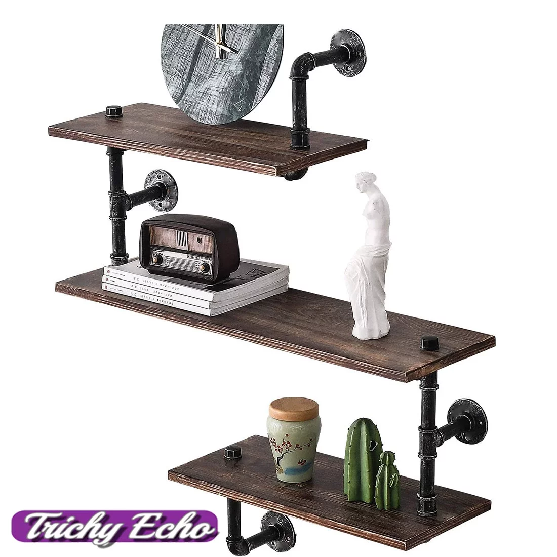 Industrial Floating Pipe Wall Shelves Rustic Wood Shelving 3 Layer Ladder Hanging Bookshelf for Bedroom Office Decor (3 Tier)