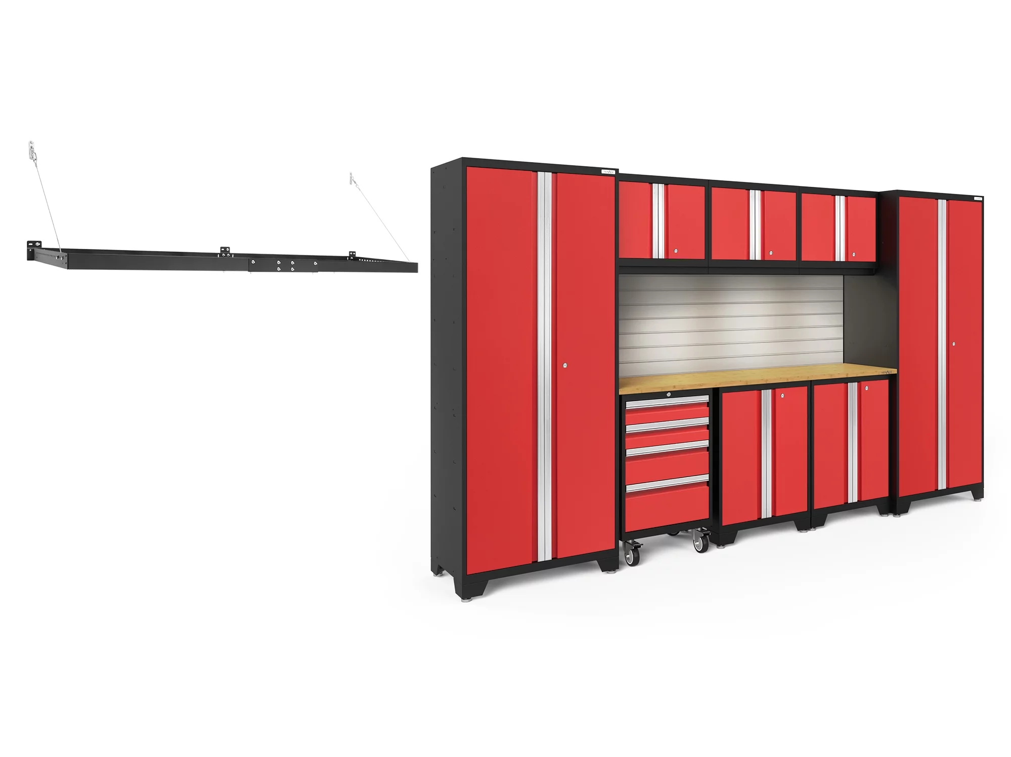 NewAge Products Bold Series Red 10 Piece Cabinet Set, Heavy Duty 24-Gauge Steel Garage Storage System, LED Lights / Slatwall / Wall Mounted Shelf Included