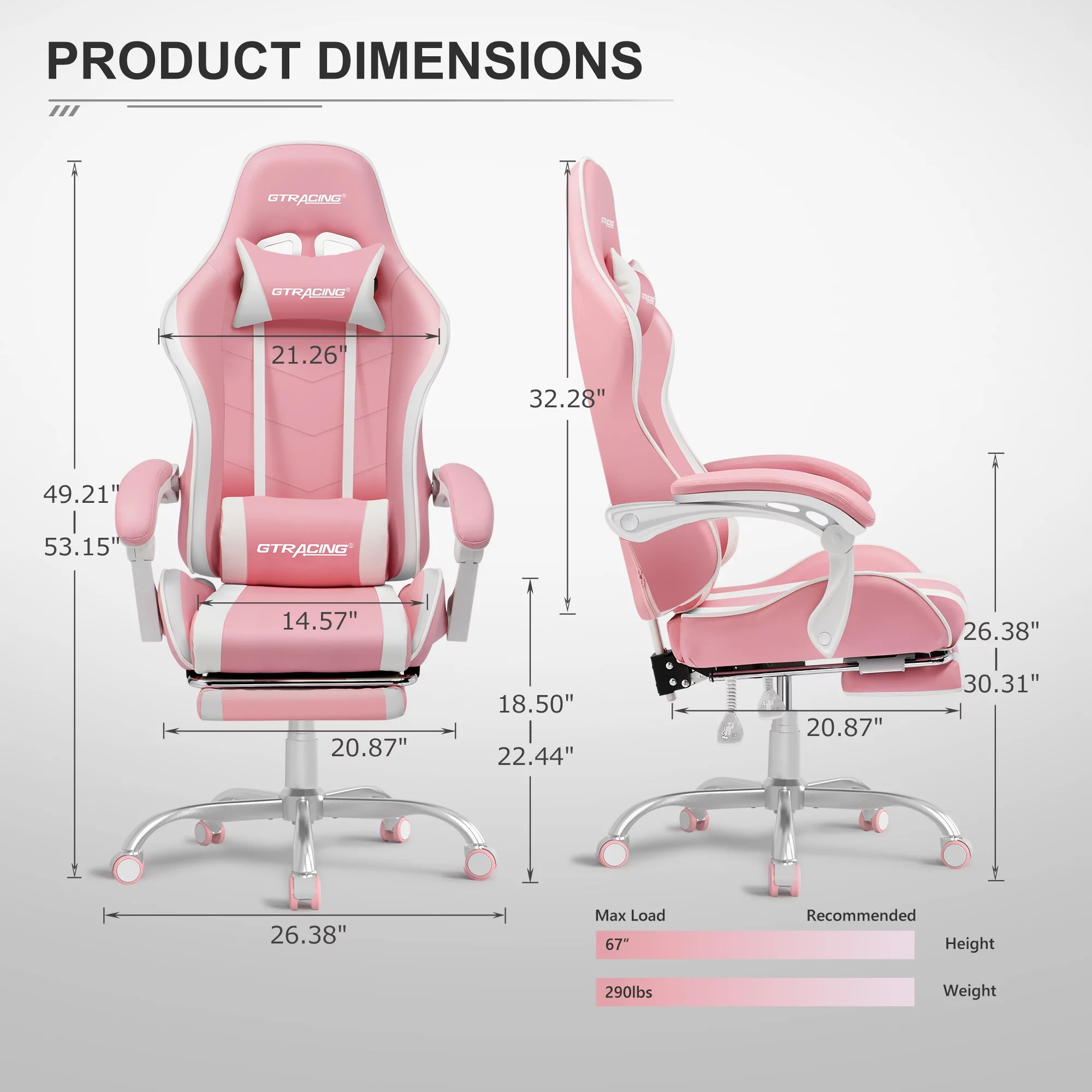 GTRACING Adjustable Height Reclining Office Gaming Chair with Footrest, Pink