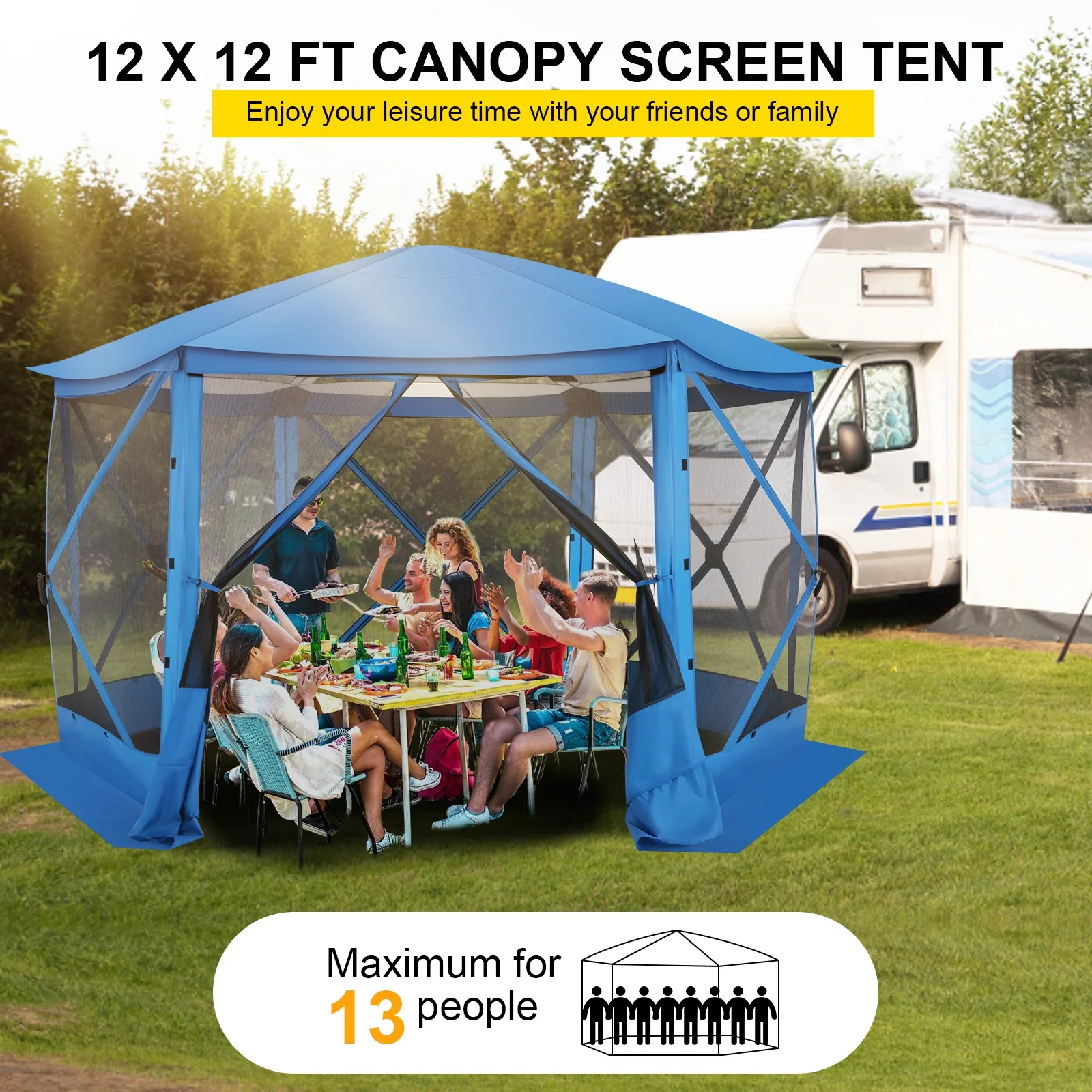 Hoteel 12x12 Pop Up Gazebo Propped-up Canopy Camping Tent with Mosquito Nettings, Waterproof, UV 50+ Resistant, Hub Tent Instant Screened Canopy with Mesh Windows, Carry Bag & Ground Stakes, Blue