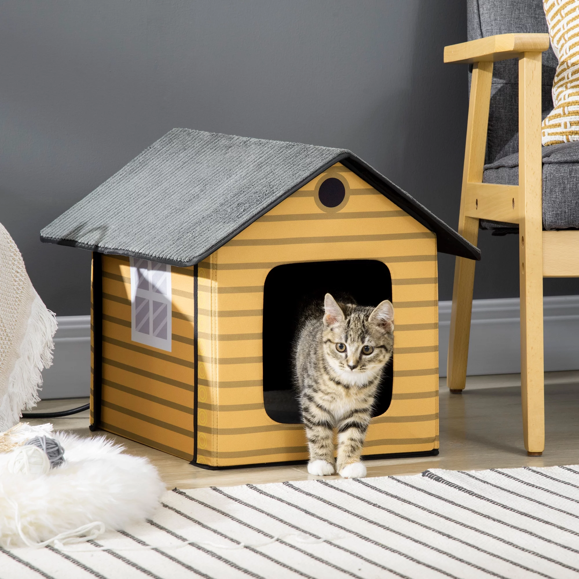 PawHut Heated Cat House Condo, Foldable Enclosed Pet House with Heating Pad for Cats or Small Dogs, Use for Indoor or Covered Outdoor Areas, Log Cabin Design