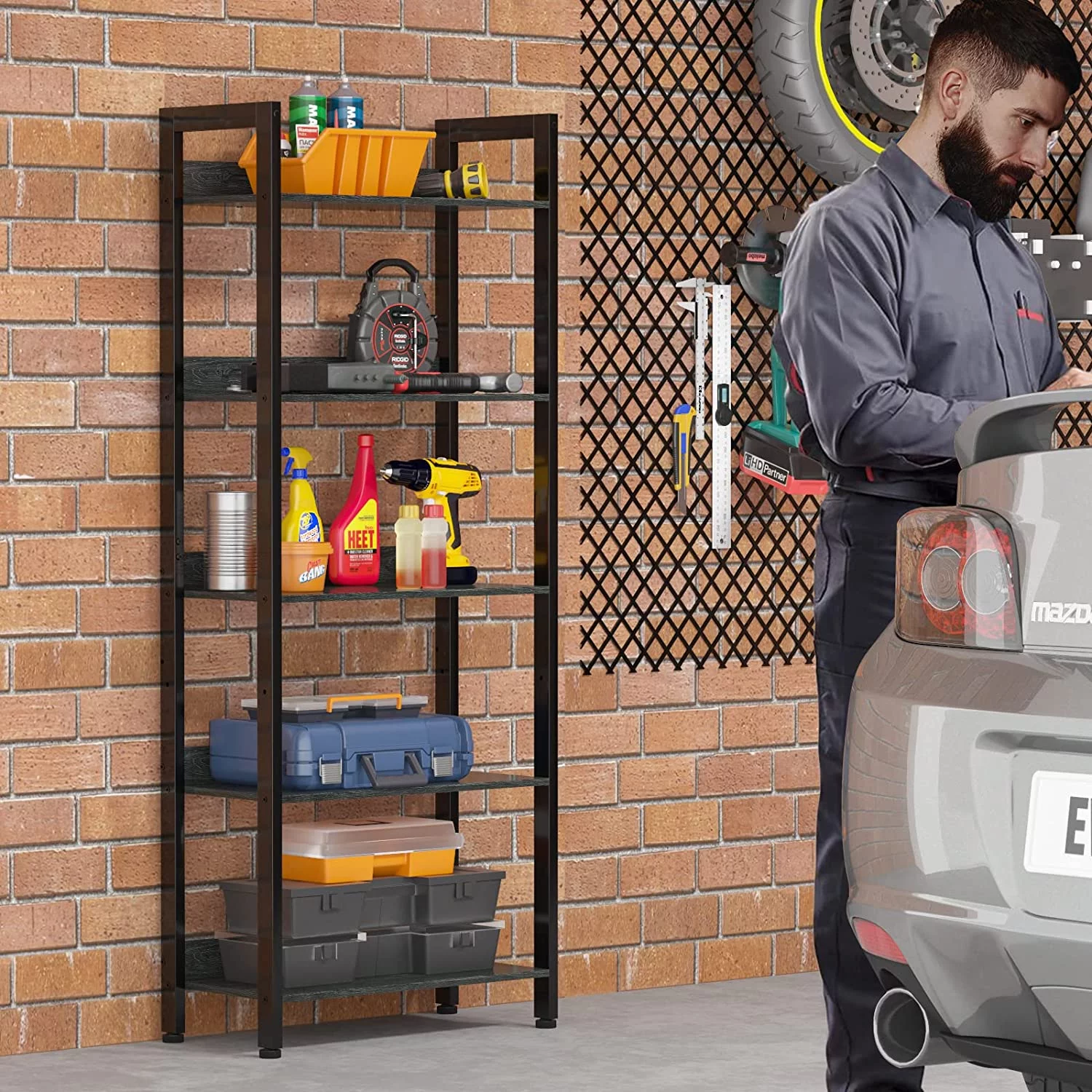 Black Oak 5-Tier Bookshelf with Drawers - Industrial Display Shelf for Living Room, Bedroom, Home Office