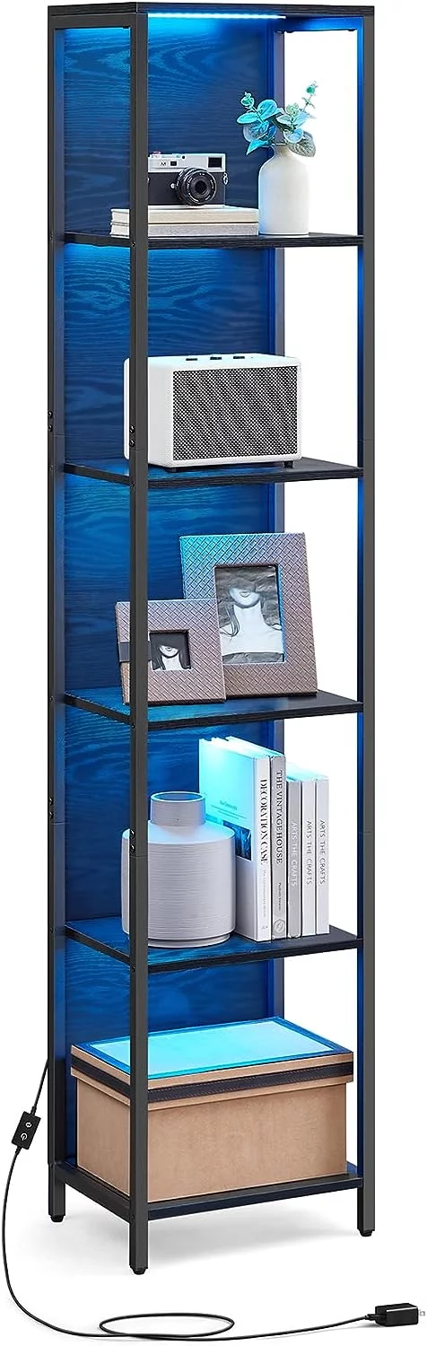 6-Tier LED Bookshelf, Display Shelf with Dimmable Lights, LED Bookcase with Steel Frame, 11.9 x 15.7 x 70.3 Inches, for Living Room, Bedroom, Office, Black with Wood Grain ULLS121B56