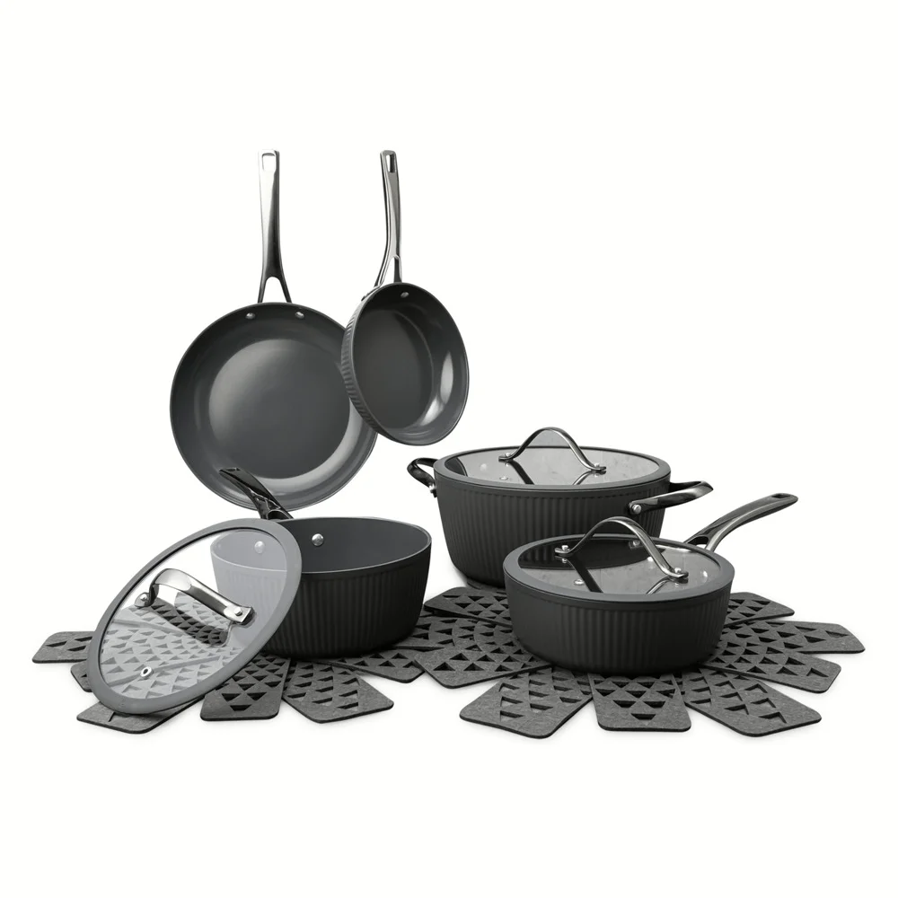 Thyme & Table 12-Piece Cookware Ceramic Non-Stick Set Ribbed Collection, Grey