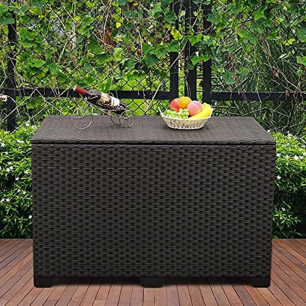 JDZHAPPYLIFE Outdoor Wicker  Box  Big Size Resin Black Rattan Deck Bin with Lid 150 Gallon Water-resistant Liner Container for Patio Gardening Tools  Cushions  Pool Accessory Pillows