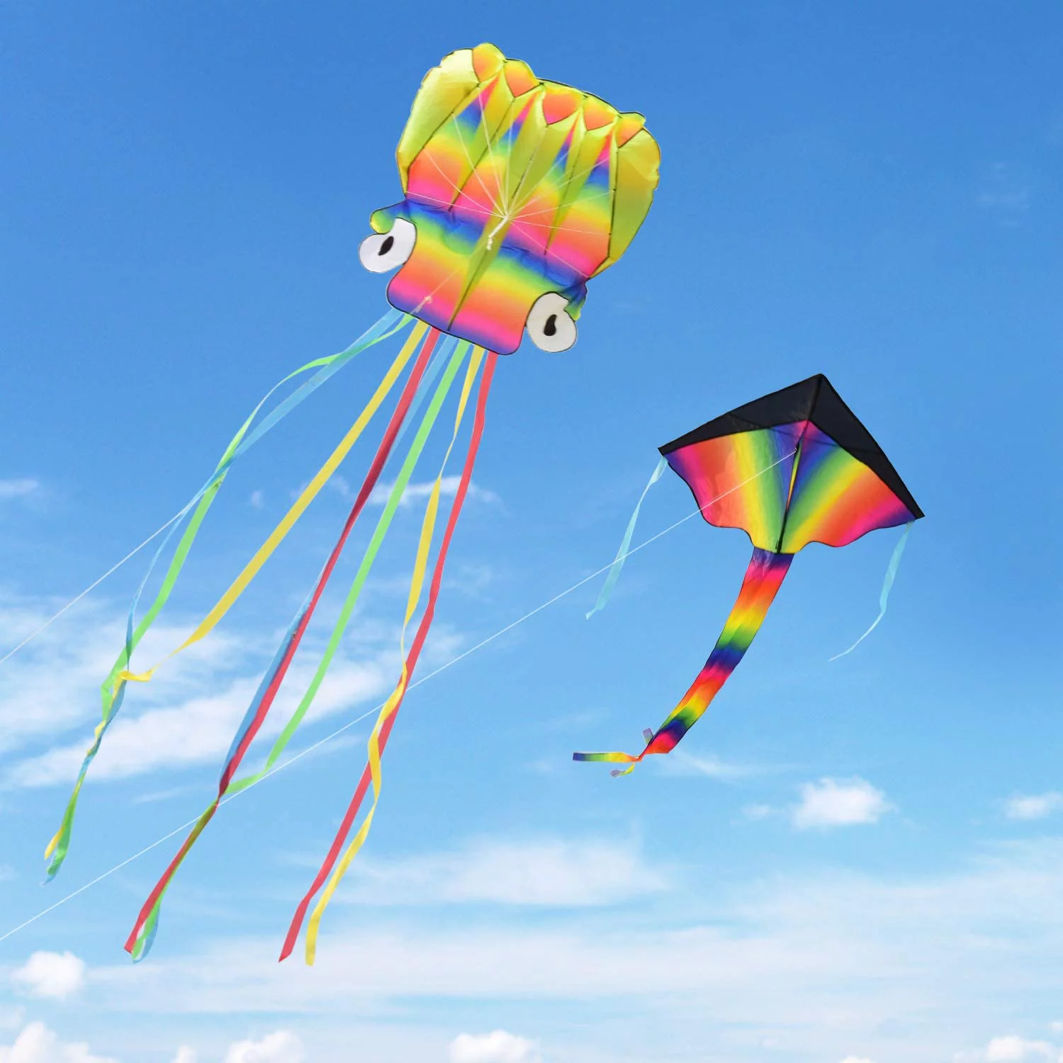 Kites to Fly Outside for Kids and Adults, 4M Large Octopus Kite and Rainbow Delta Kite -2 Pack