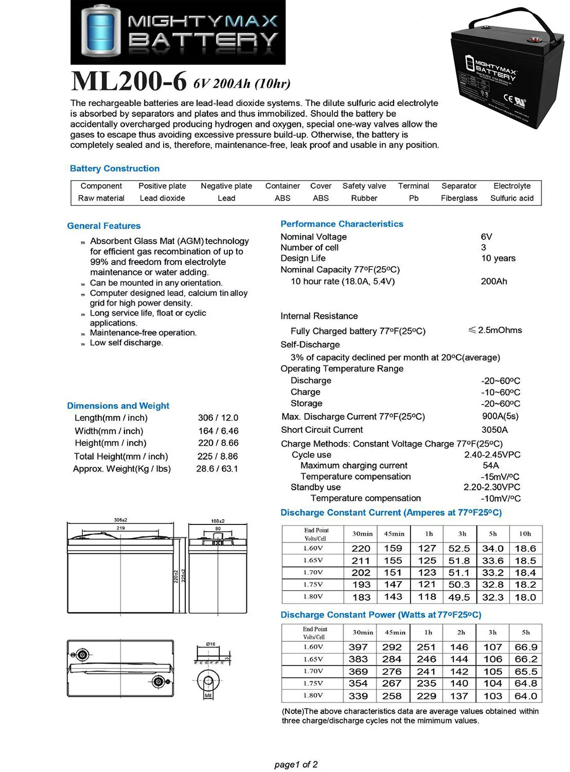 6V 200AH SLA Battery Replaces Champion M83CHP06V27 Golf Cart RV Boat