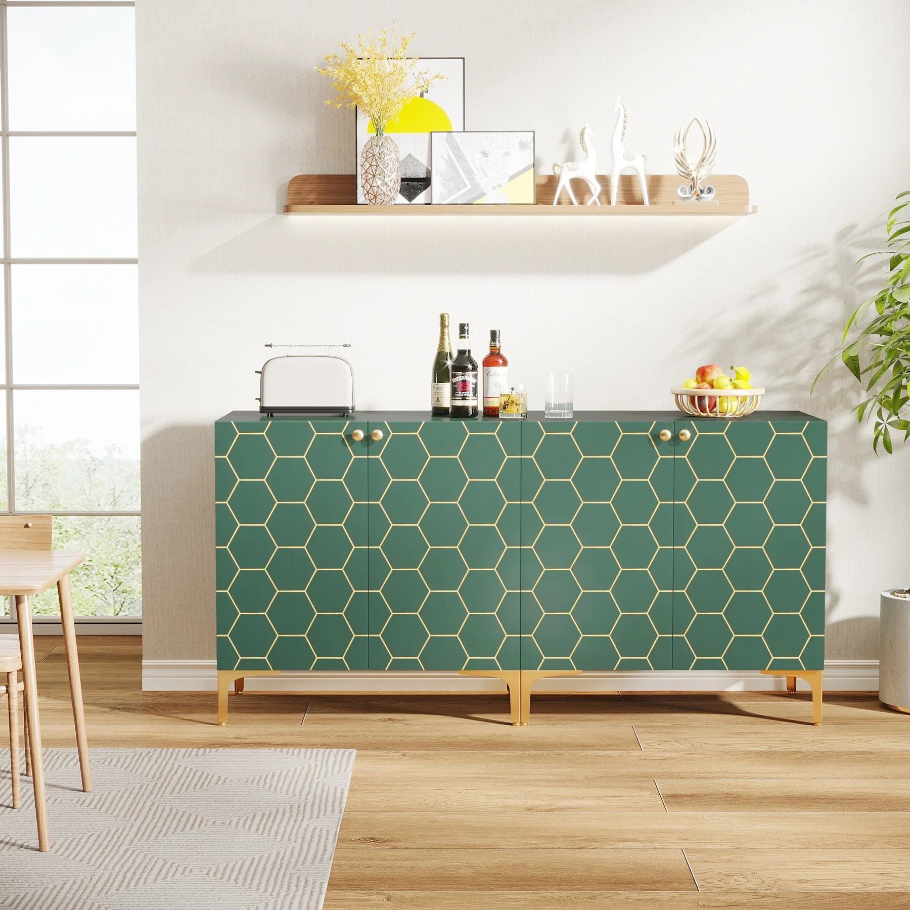 63 Inches Buffet Sideboard Storage Cabinet, Modern Colorful Pattern Display Cabinet, Green+Gold