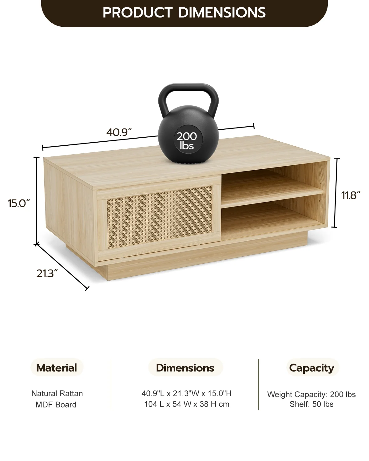 IKIFLY Rattan Coffee Table, Mid Century Modern Center Rectangular Coffee Table with Natural Rattan Sliding Door & Adjustable Shelves, Farmhouse Coffee Table for Living Room Wood