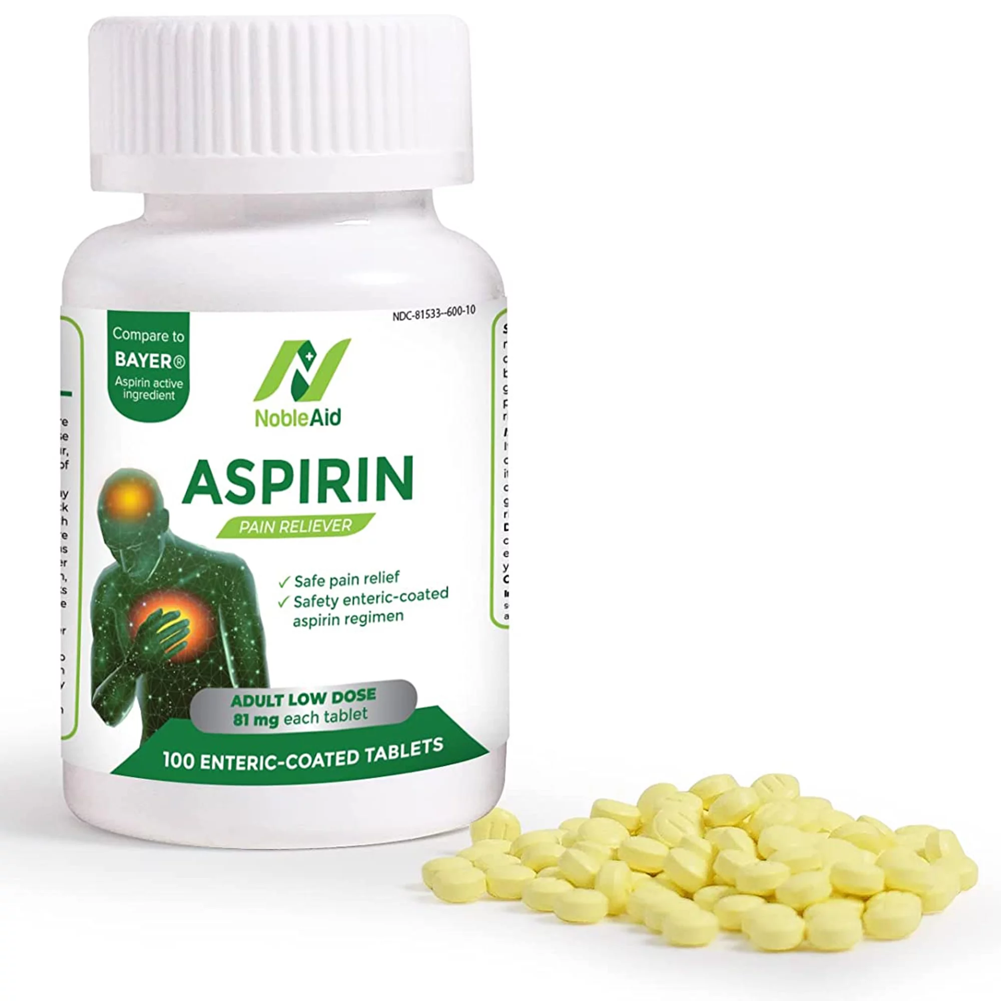 NobleAid Enteric Coated Low Dose 81 mg Aspirin Tablet for Fever & Headache, 100-Pack