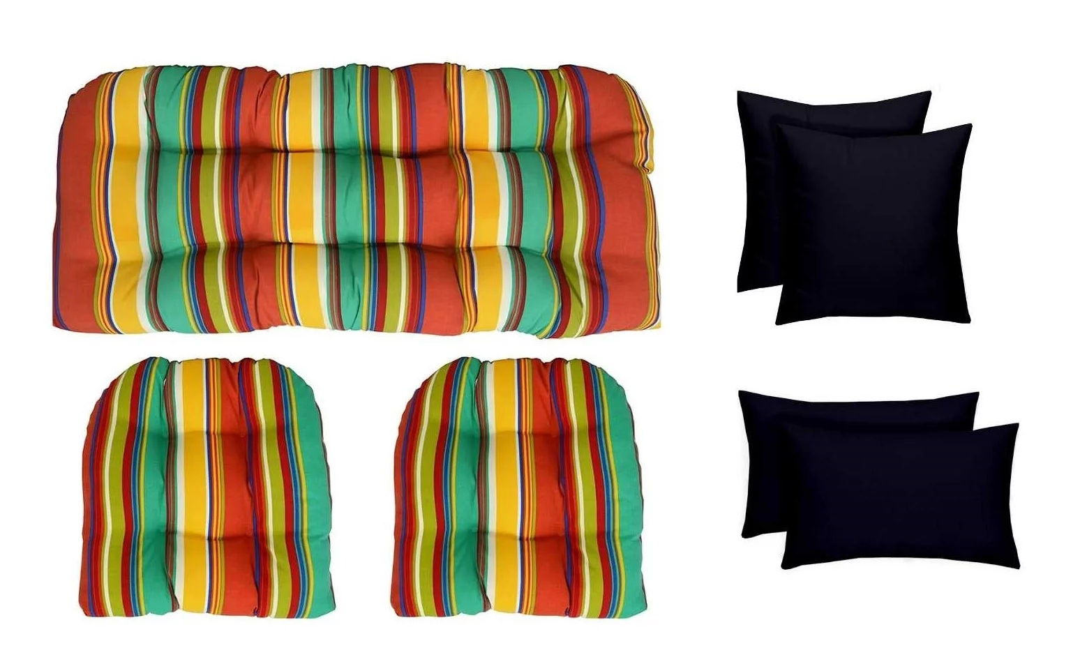 RSH Décor Indoor Outdoor 7 Piece Tufted Wicker Cushion Set + Pillows, Standard, Bright Colorful Stripe + Navy Blue