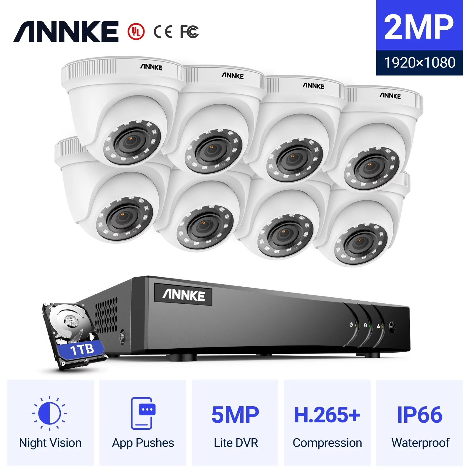 ANNKE 1080P 8CH Security Camera System with 8CH 5MP-N DVR,8pcs 1080p Security Cameras for 24/7 Security Surveillance with 1TB Hard Drive