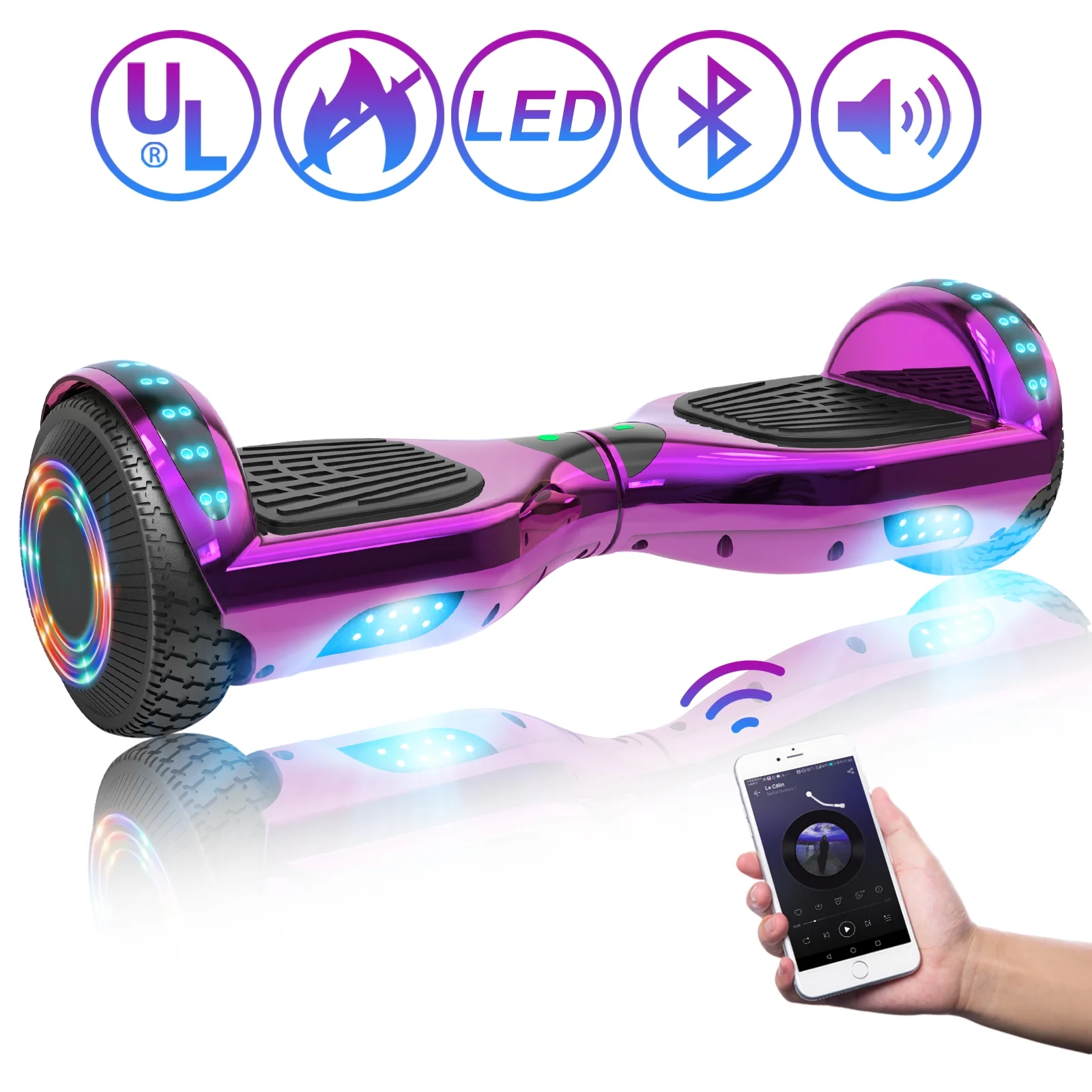 LIEAGLE 6.5 inch Bluetooth Hoverboard with 300W Dual Powerful Metors, Self Balancing Two Wheel Scooter with LED Lights for Kids, Teens and Adults, Chrome Purple