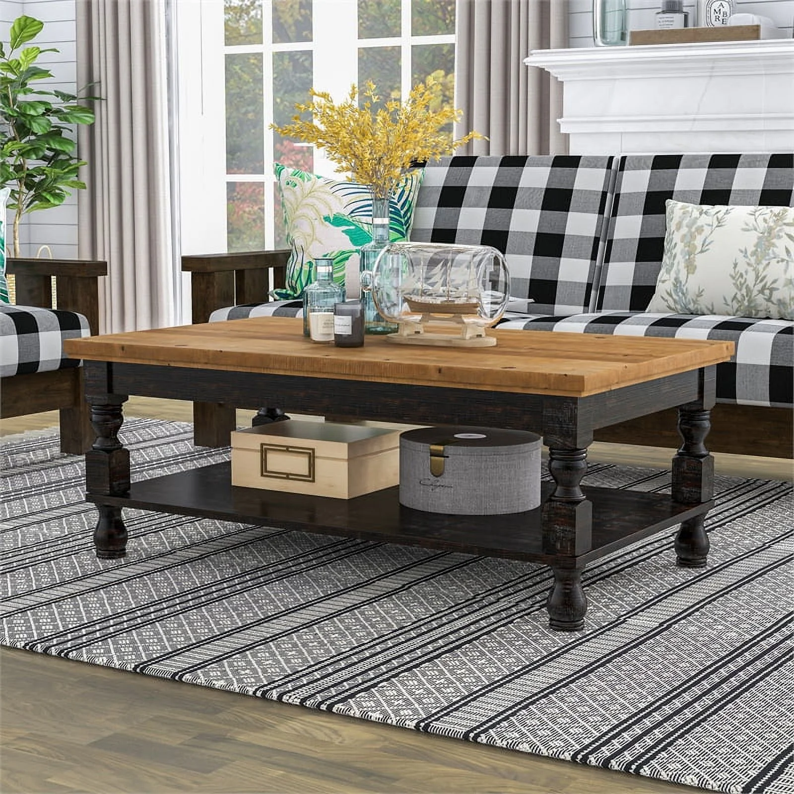 Furniture of America Neli Rustic Wood 1-Shelf Coffee Table in Black and Oak