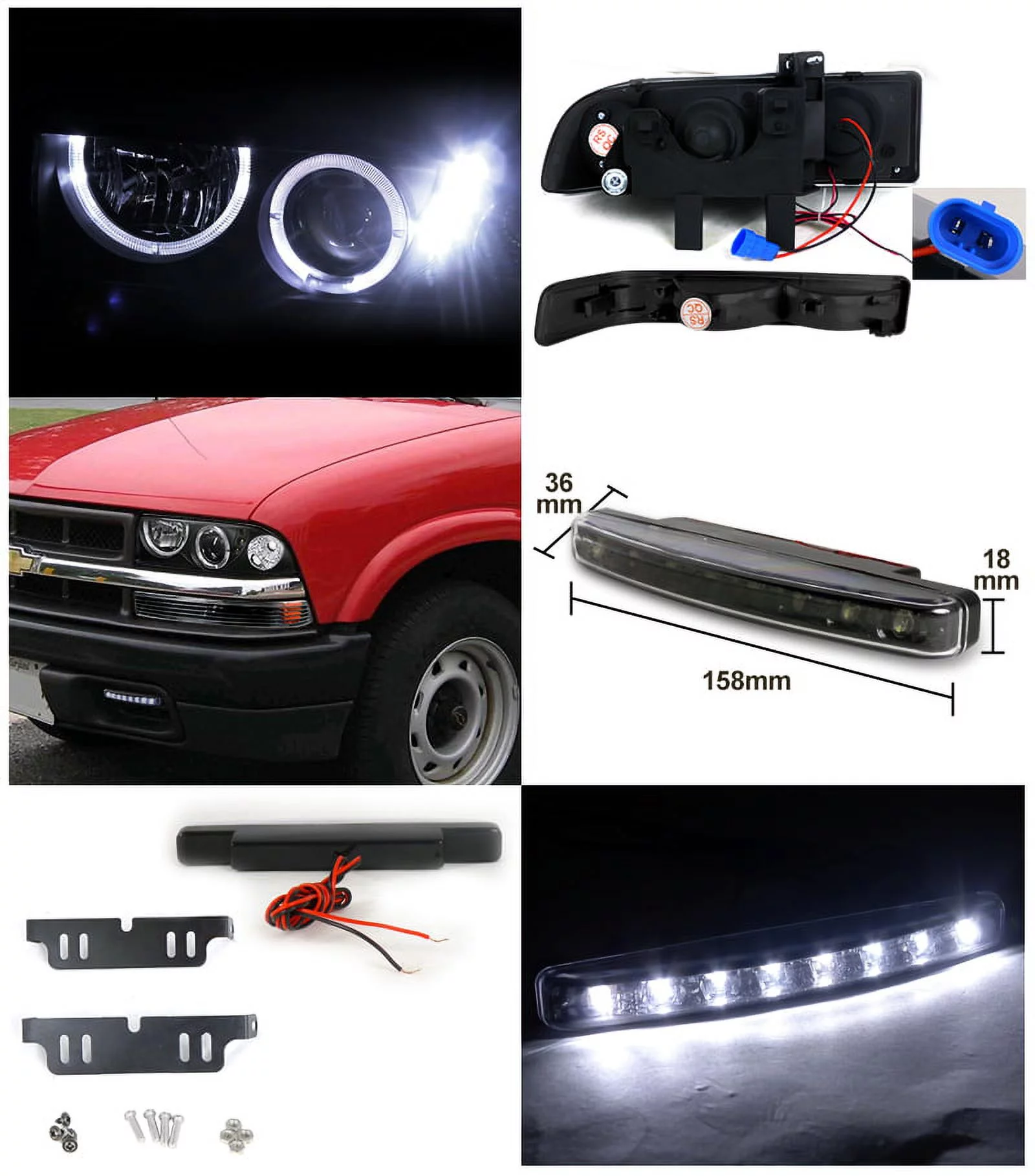 Spec-D Tuning Black Halo SMD Projector Headlights + 8-LED Fog Lamps Compatible with Chevy Blazer S10 Left + Right Pair Headlamps Assembly