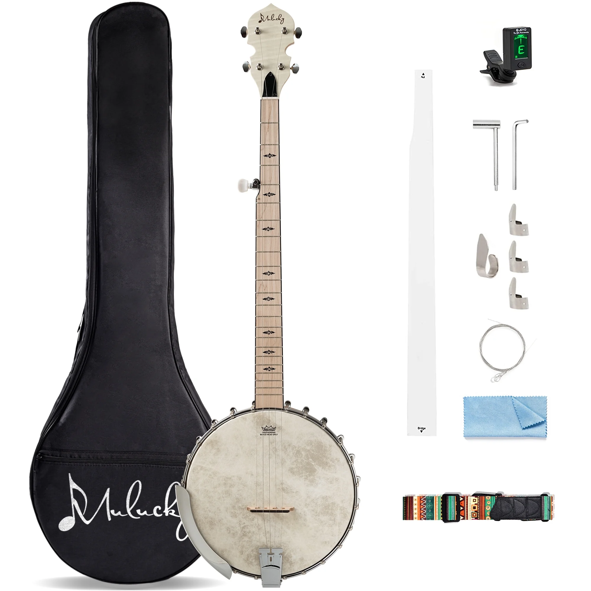 Mulucky 5 String Banjo, Open Back Maple Banjos with Remo Head, Gift Package with Beginner Kit - MB1101