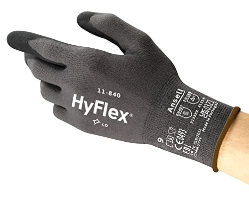 Ansell HyFlex 11-840 Ergonomic Abrasion-Resistant Nylon Spandex Nitrile Coated Industrial Gloves for Automotive, Fabrication - Small (7) Grey (3 Pairs)