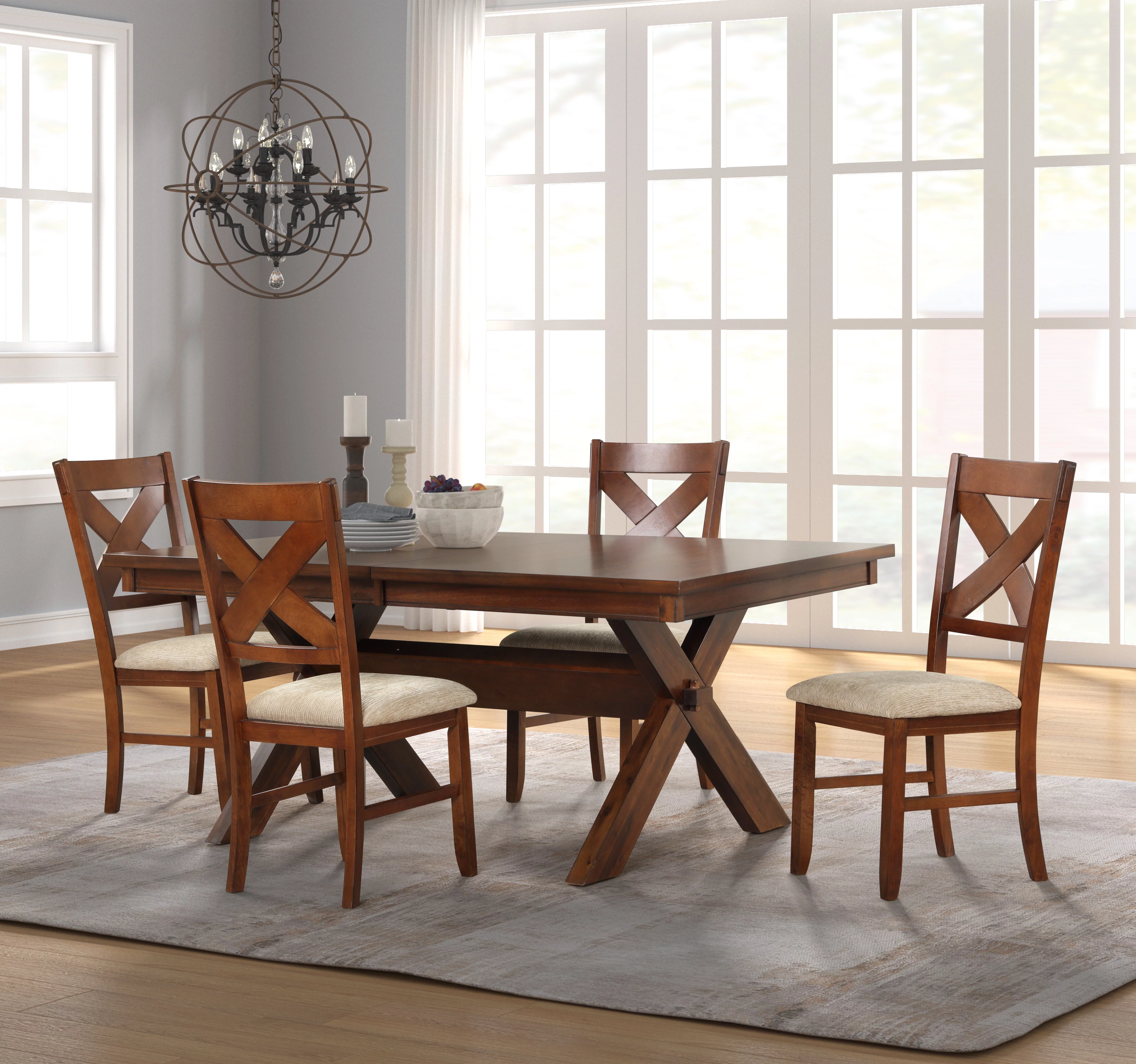 Roundhill Furniture Karven Extendable Trestle 30'' Height 5-Piece Dining Set, Dark Hazelnut