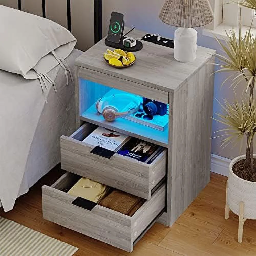NLIBOOMLife Black Nightstand with LED Lights and Charging Station  LED Bedside Table with Open   2 Drawers  1 Pull-Out Tray  End Table.