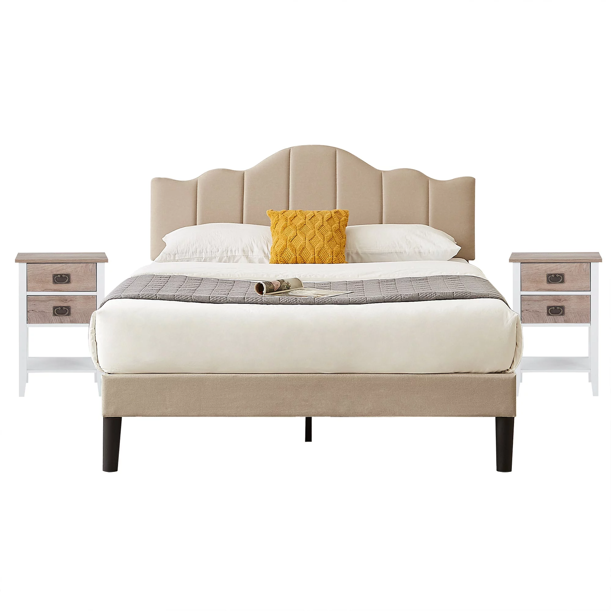 VECELO 3-Piece Bedroom Set Include Beige Upholstered Bed Frame and 2 Nightstands, Full Size