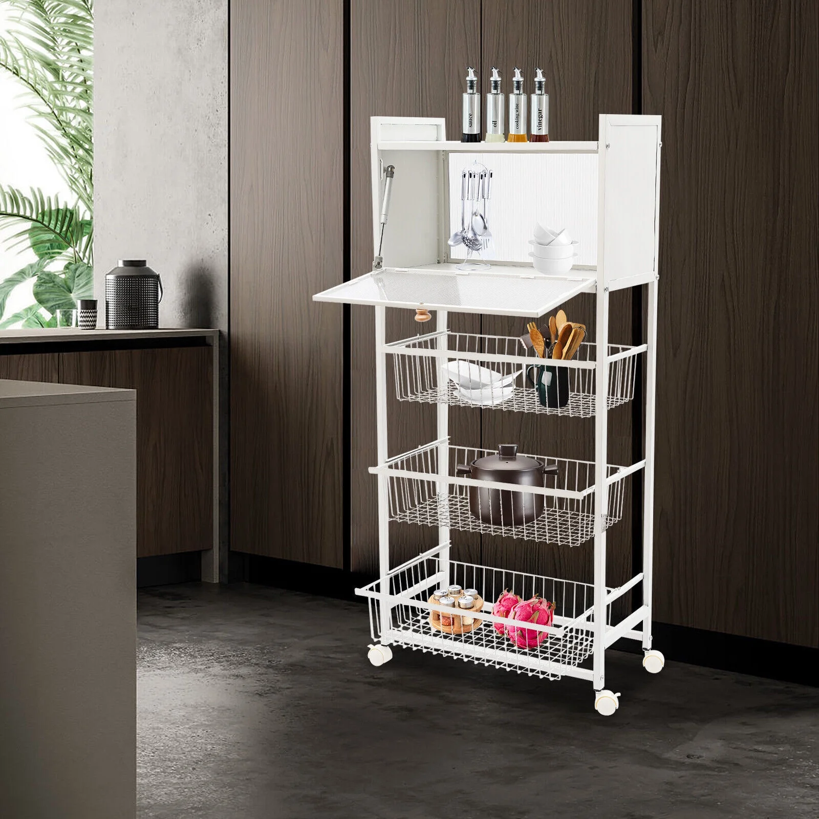 5-Tier Kitchen Organizer Shelf Microwave Rack Bread Storage W/ Brakeable Casters