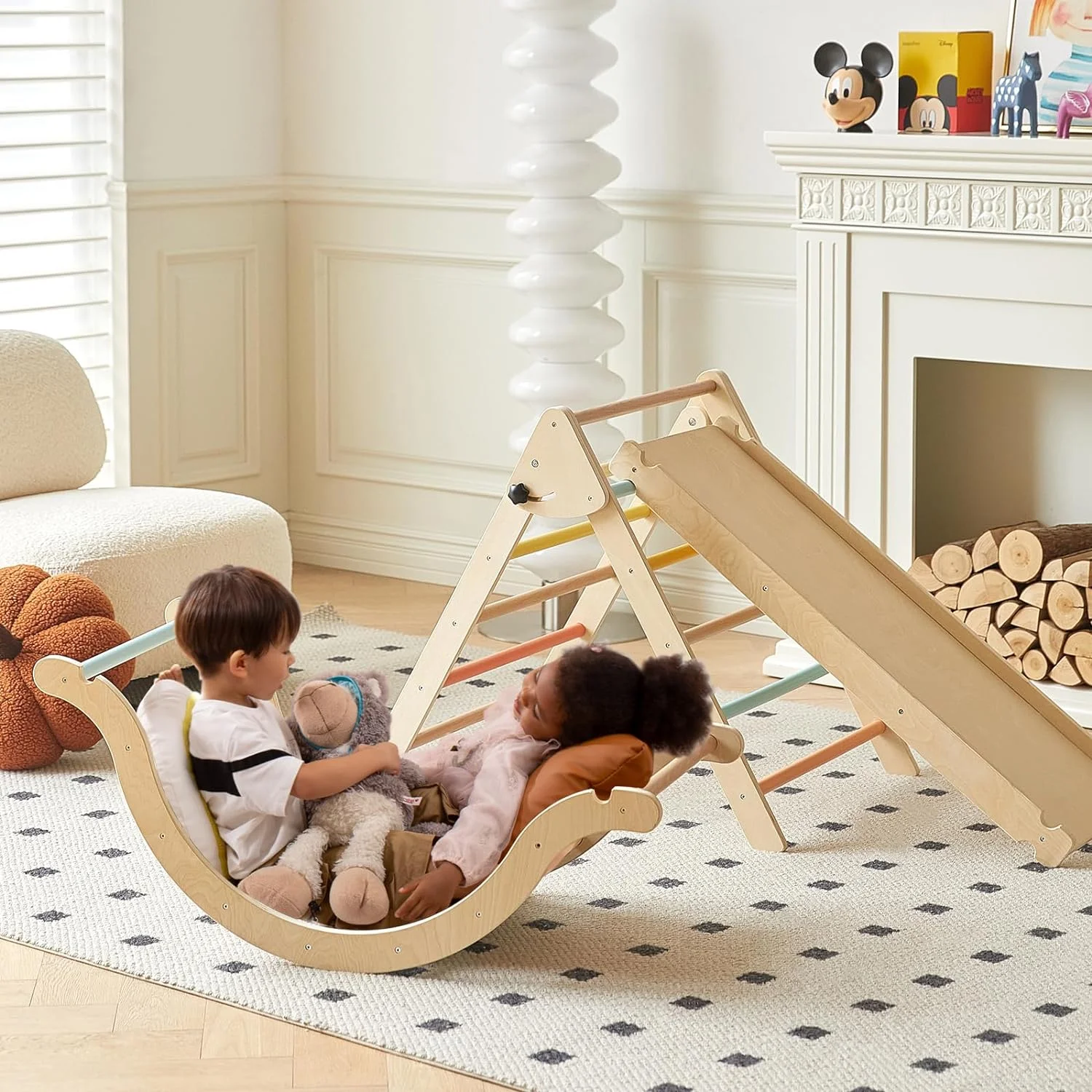 YOUB Pastel 5 in 1 Pikler Climbing Set with Sliding Ramp & Climbing Arch Ramp, Foldable Wooden Toddler Climbing Toys Indoor,Playground Jungle Gym for Kids Age 2-5, Montessori Climbing Set