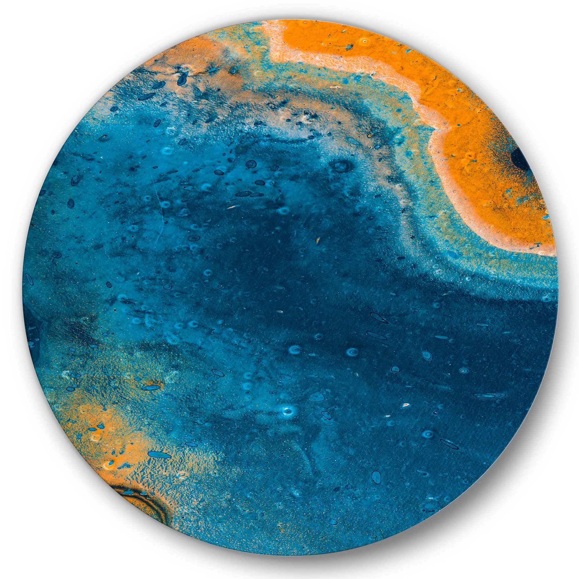 Designart 'Abstract Marble Composition In Orange and Blue V' Modern Circle Metal Wall Art 36x36 - Disc of 36