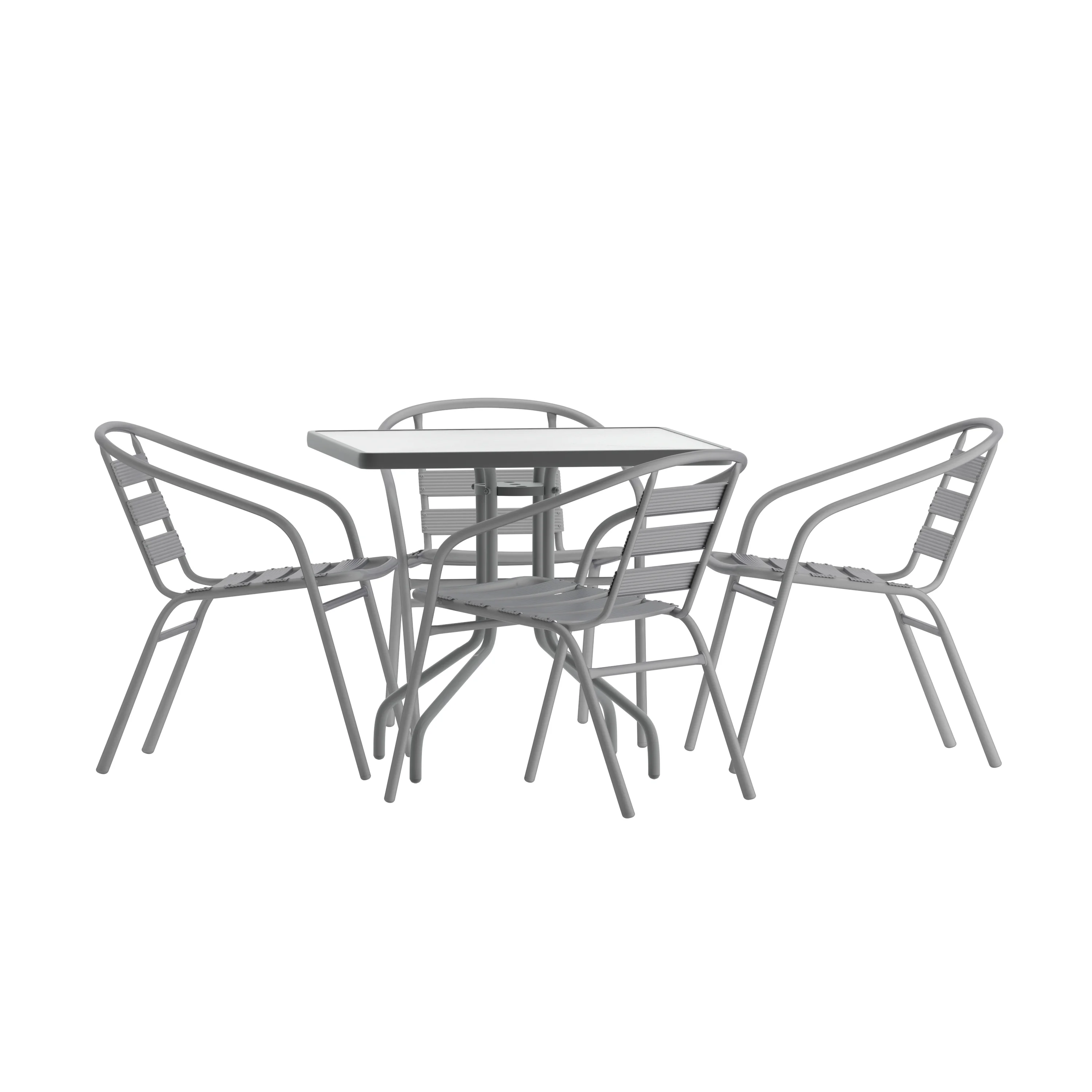 Emma + Oliver 31.5'' Square Glass Top Metal Table with 4 Silver Aluminum Slat Stack Chairs