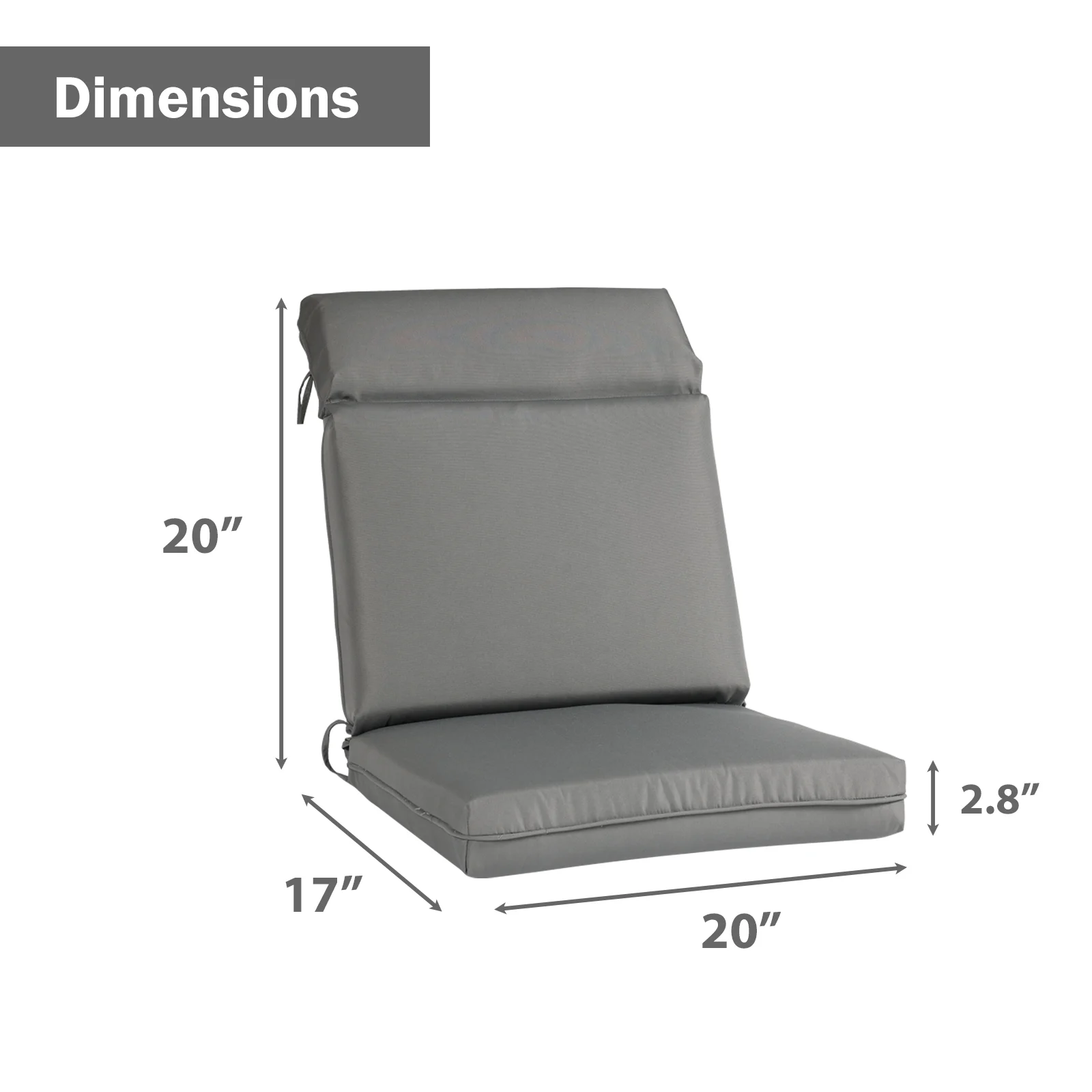 Aoodor 2Pcs Outdoor High Back Dining Chair Cushion Set, Fade and Water Resistant Polyester Fabric Cover with Ties and Zipper, 44''x21''x3.2'' - Gray