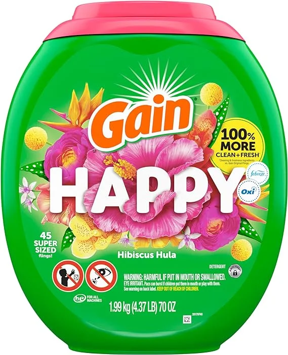 Gain Super Sized Flings Laundry Detergent Pacs, 3-in-1 Detergent Pacs with Febreze and Oxi, Happy Scent, 45 Count